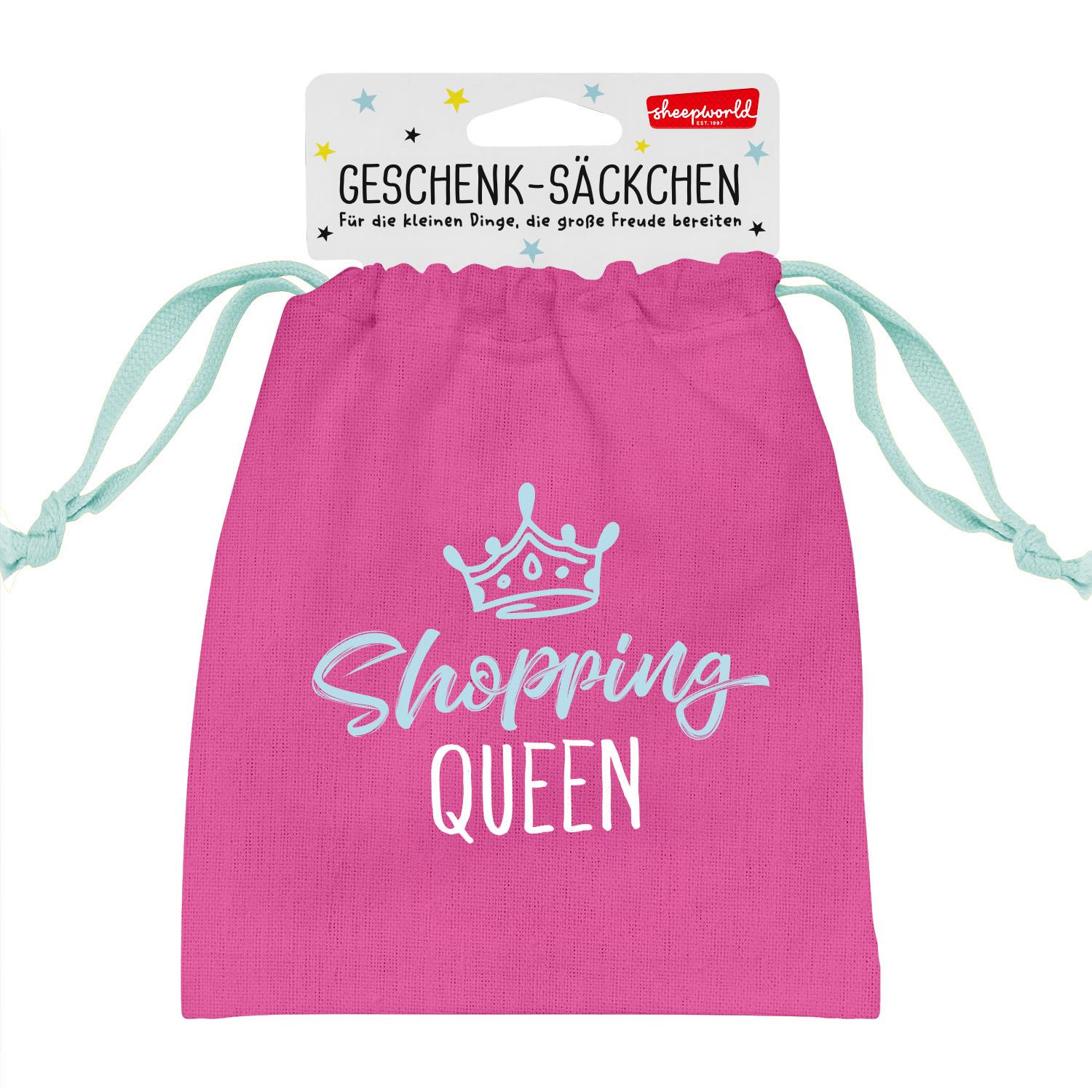 Rosa Geschenksäckchen mit Shopping Queen Motiv und mintgrünen Zugbändern
