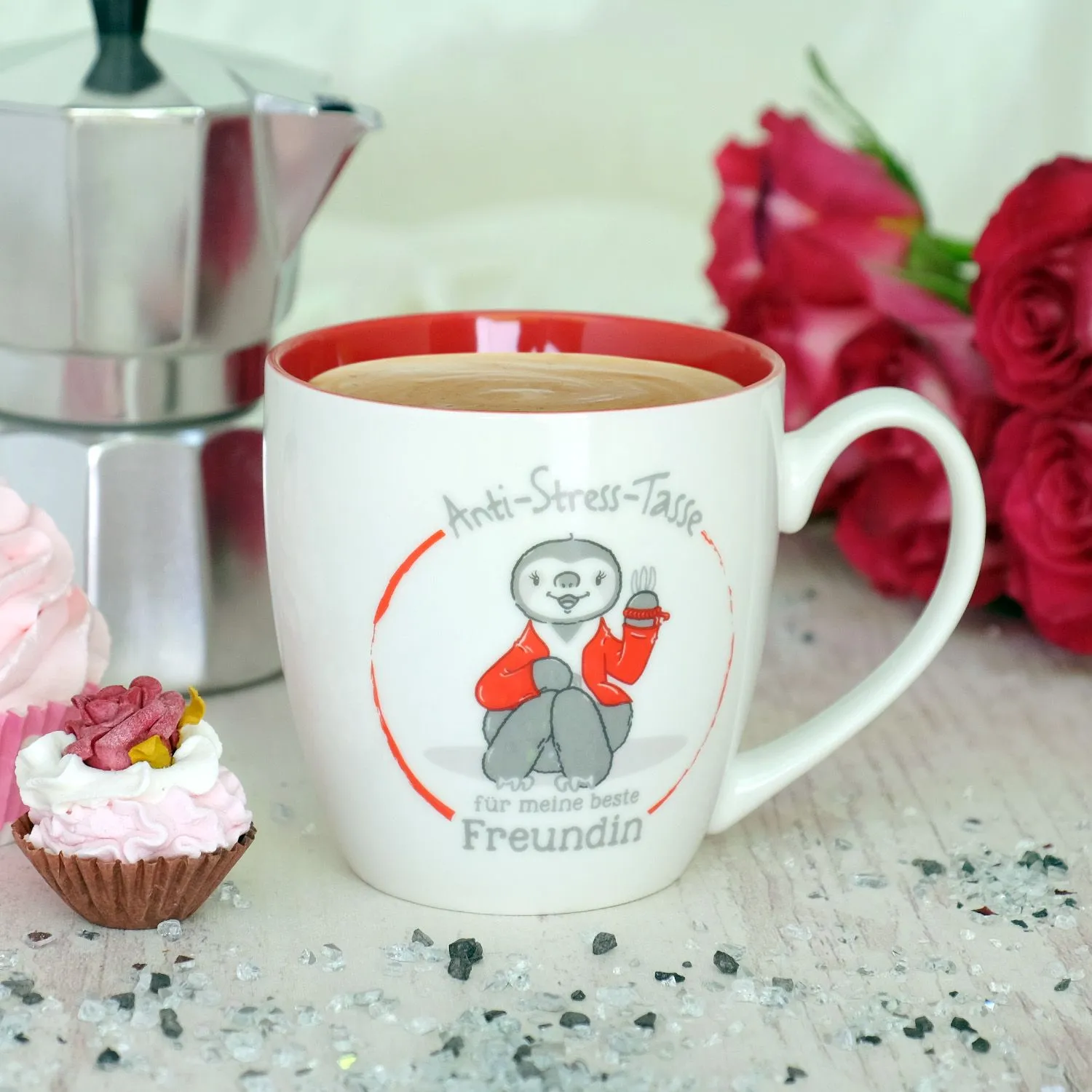 Weiße Keramik-Tasse mit rotem Innenrand, Anti-Stress-Motiv für die beste Freundin