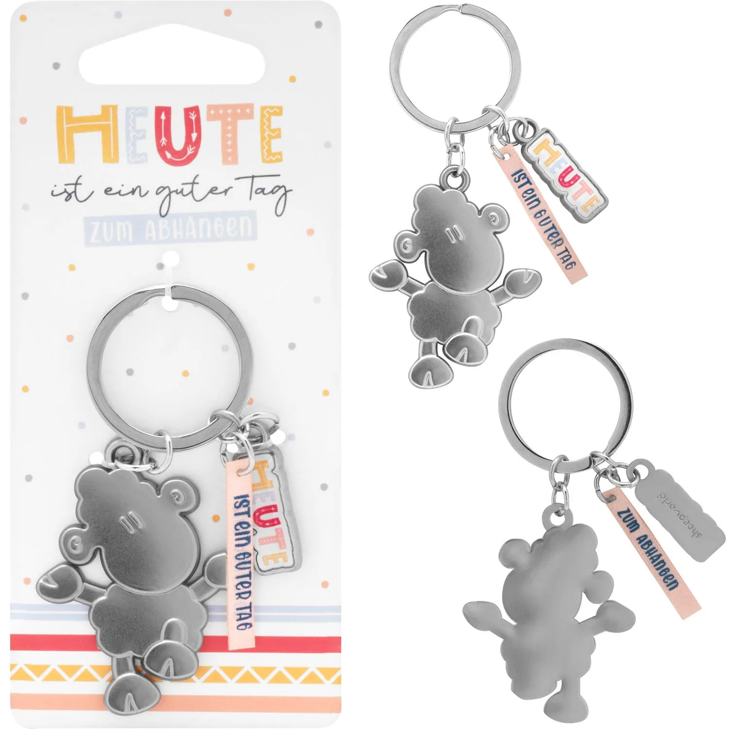 Metall-Schaf-Schlüsselanhänger mit Satinband, 8,6 cm lang, auf Headerkarte.