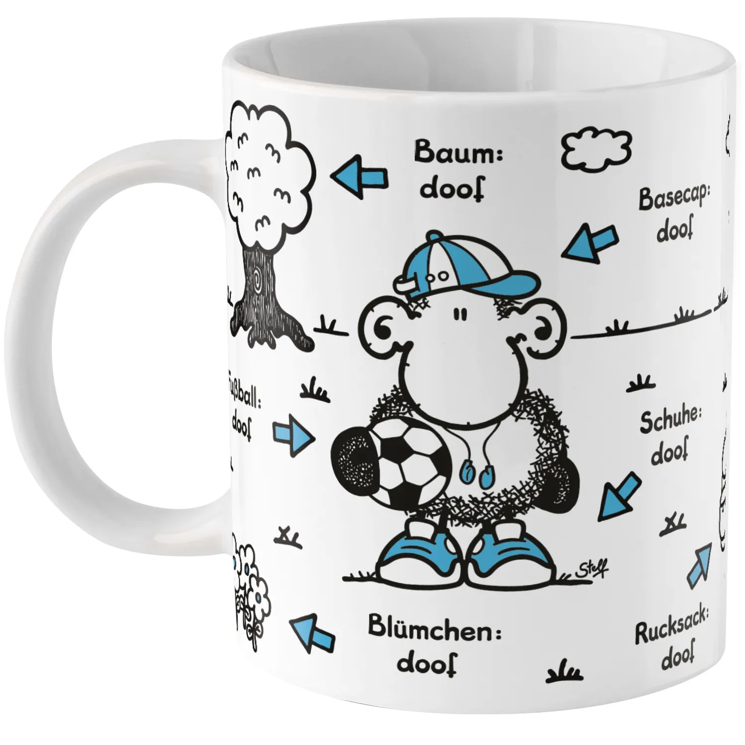 Weiße Porzellan-Tasse mit stilisiertem Schäfchen in Baseballkappe und Ball; verspieltes Schaf-Motiv.
