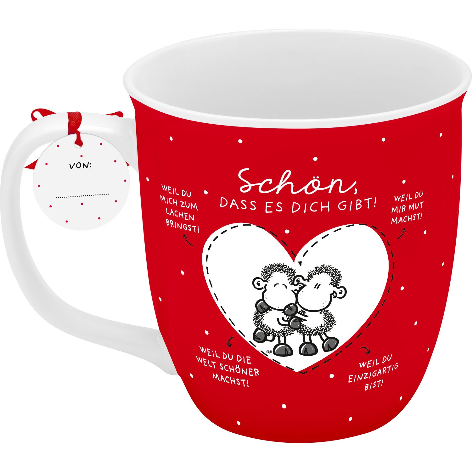 Rote Porzellantasse mit Herzmotiv, zwei Schafe und Spruch; Geschenkanhänger