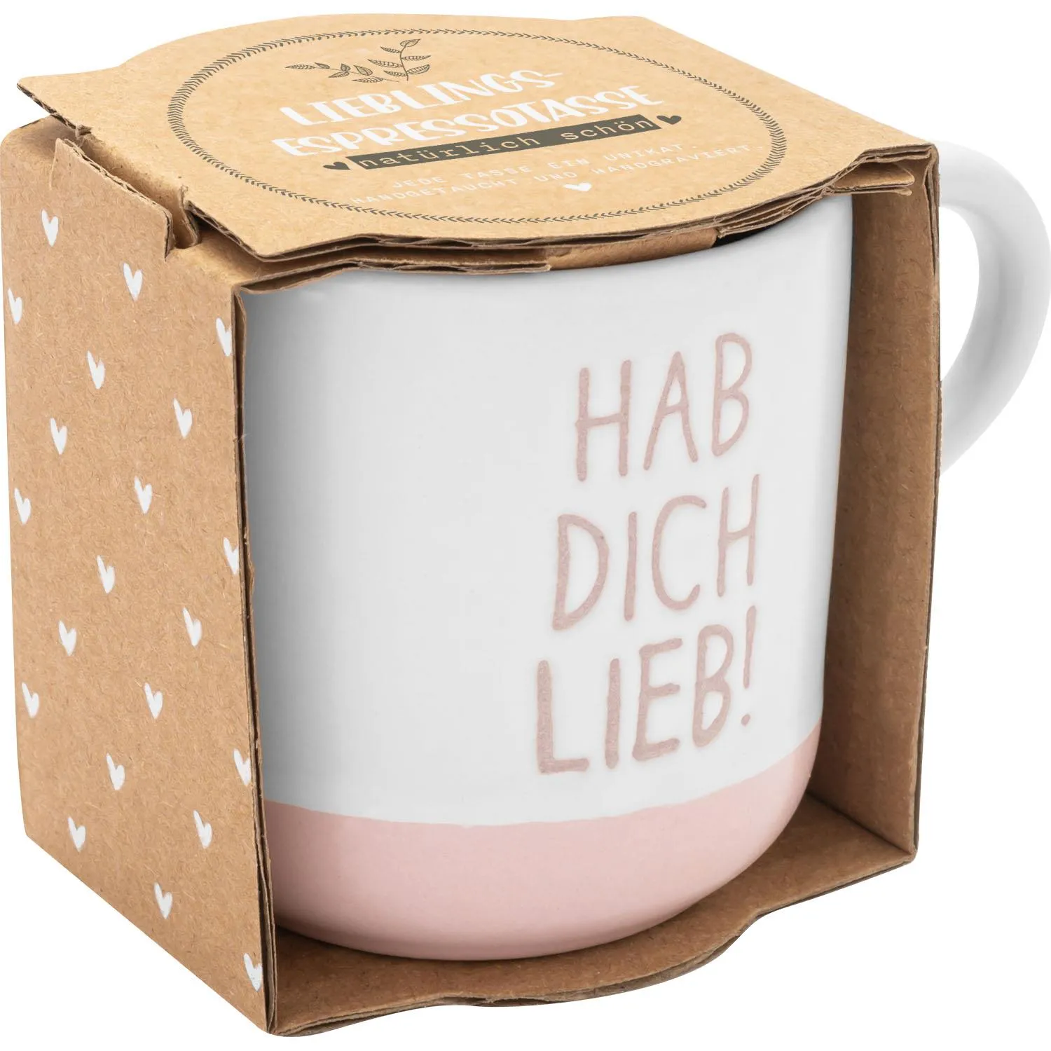 Weiße Espressotasse mit rosa Gravur 'Hab dich lieb', rosa Boden, verpackt in brauner Verpackung mit Herzen