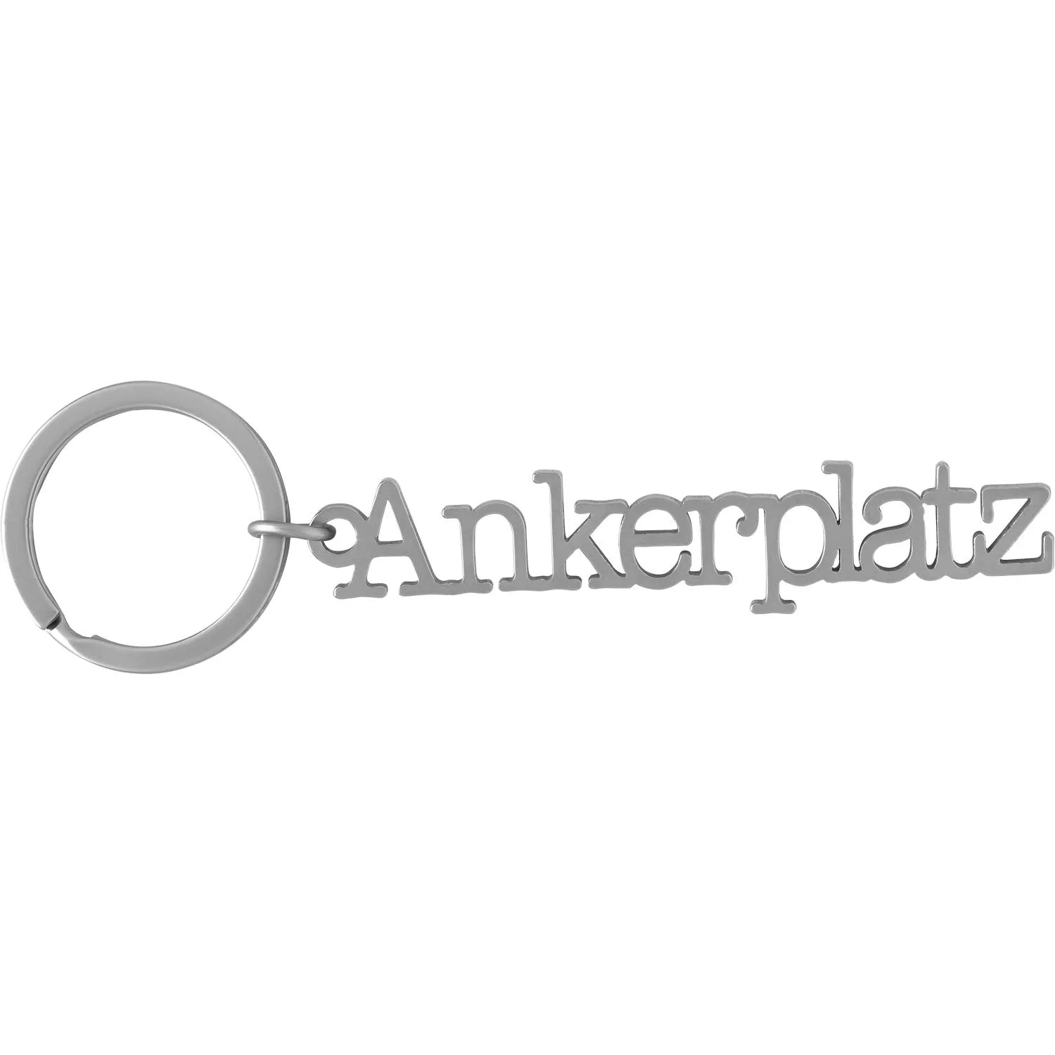 Silberner Edelstahl-Schlüsselanhänger mit Schriftzug 'Ankerplatz' am Schlüsselring