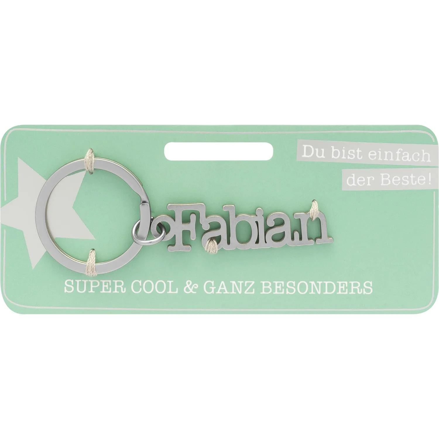 Silberner Namens-Schlüsselanhänger Fabian aus Metall auf pastellgrüner Verpackungskarte.