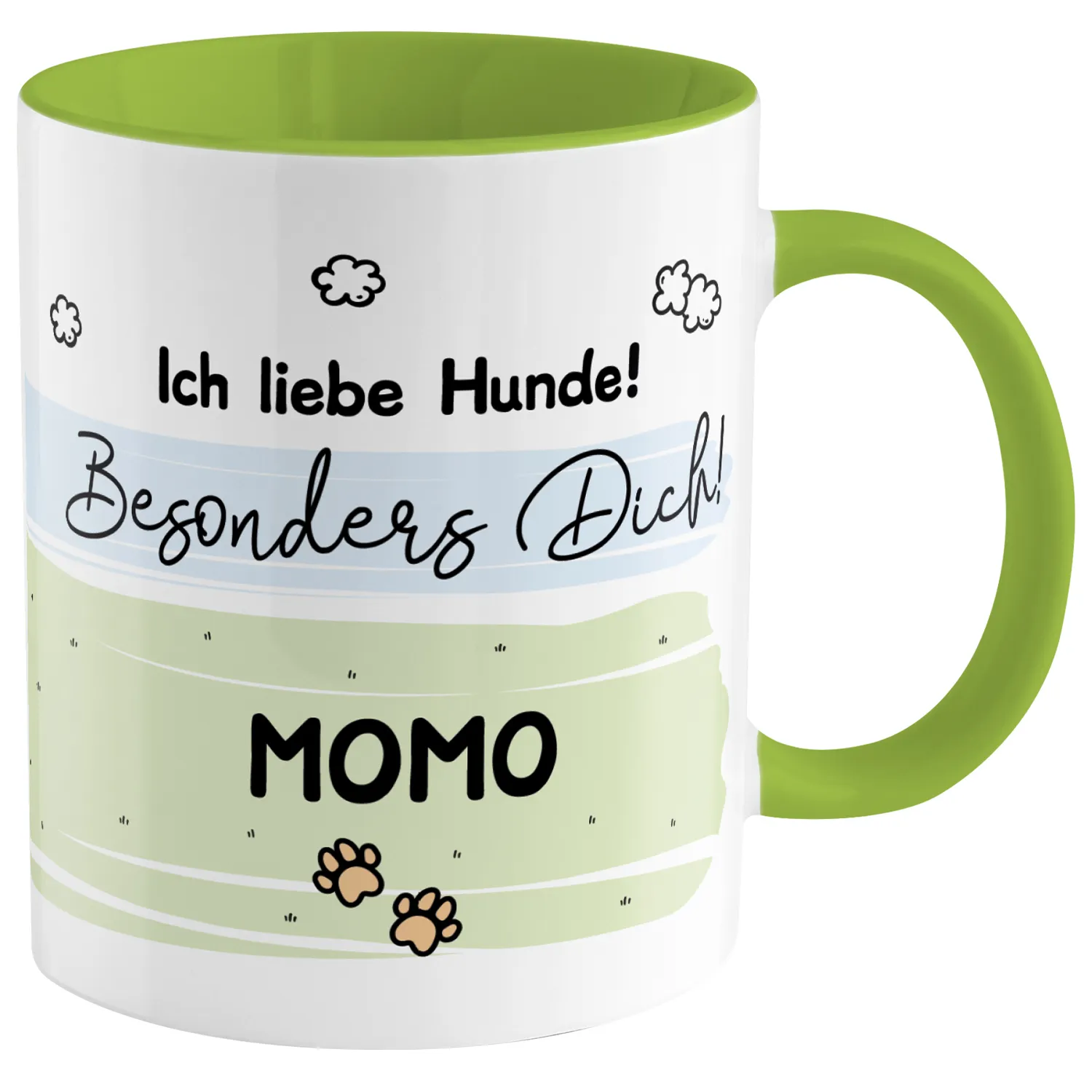 Personalisierbare Porzellan-Hundetasse, weiß mit grünem Innenrand, Name wählbar, Pfoten-Motive.