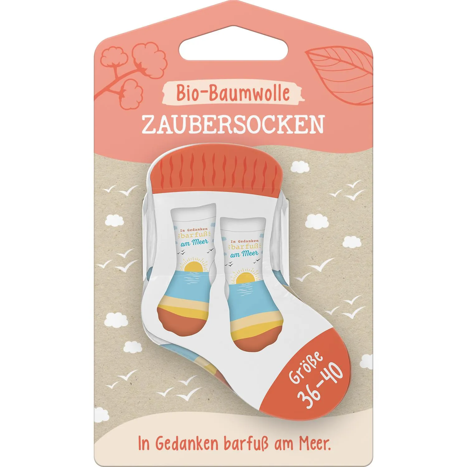 Weiße Zaubersocken aus Bio-Baumwolle mit Meer- und Sonnenmotiv, Größe 36-40