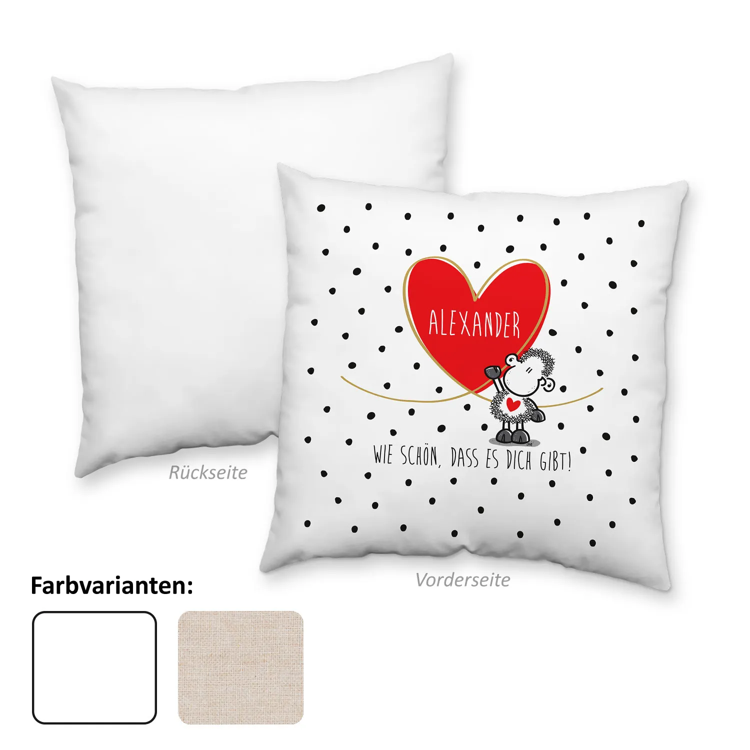 Personalisierbares Kissen mit rotem Herz, Namensdruck Alexander, weiße Vorderseite mit Tupfen