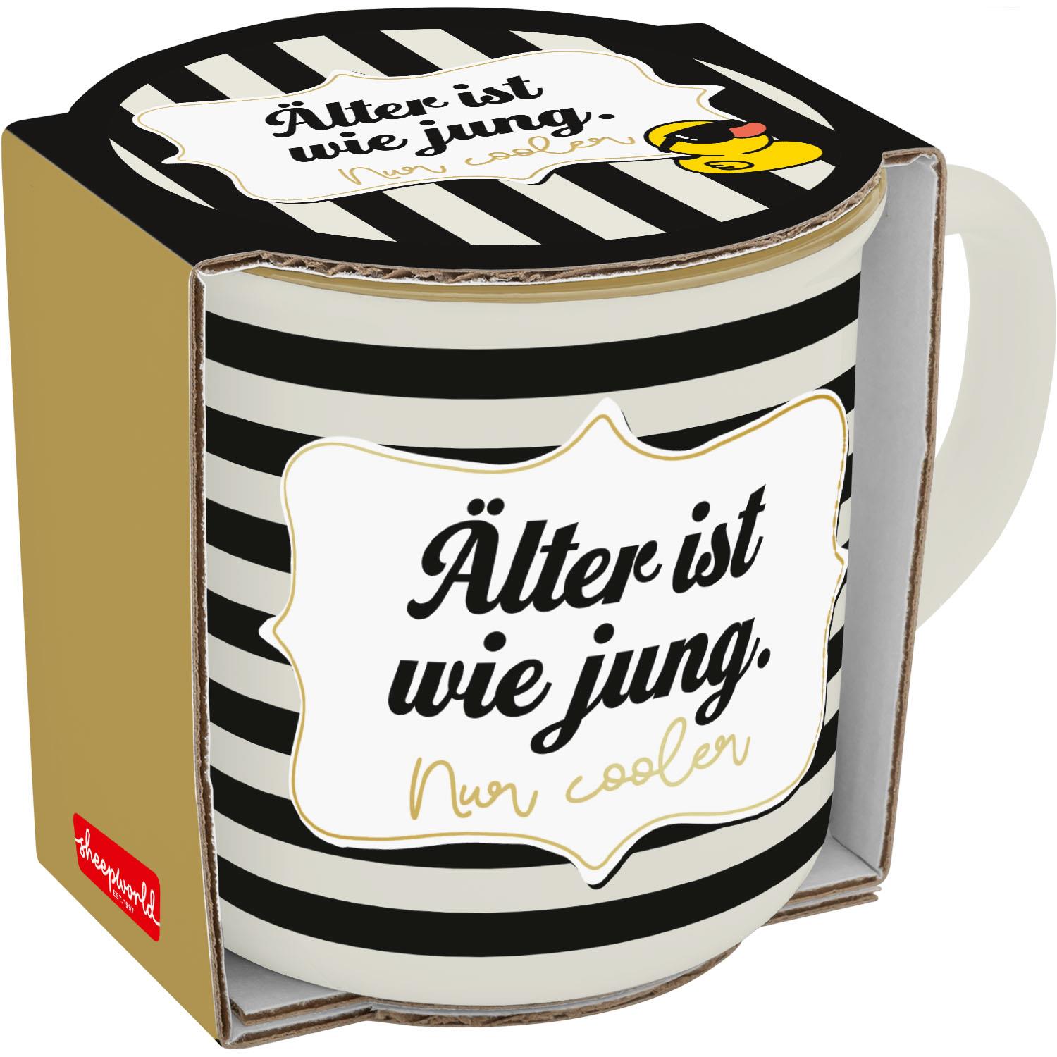 Becher mit Schwarz-Weiß-Streifen, Goldrand und Spruch Ältere ist wie jung.