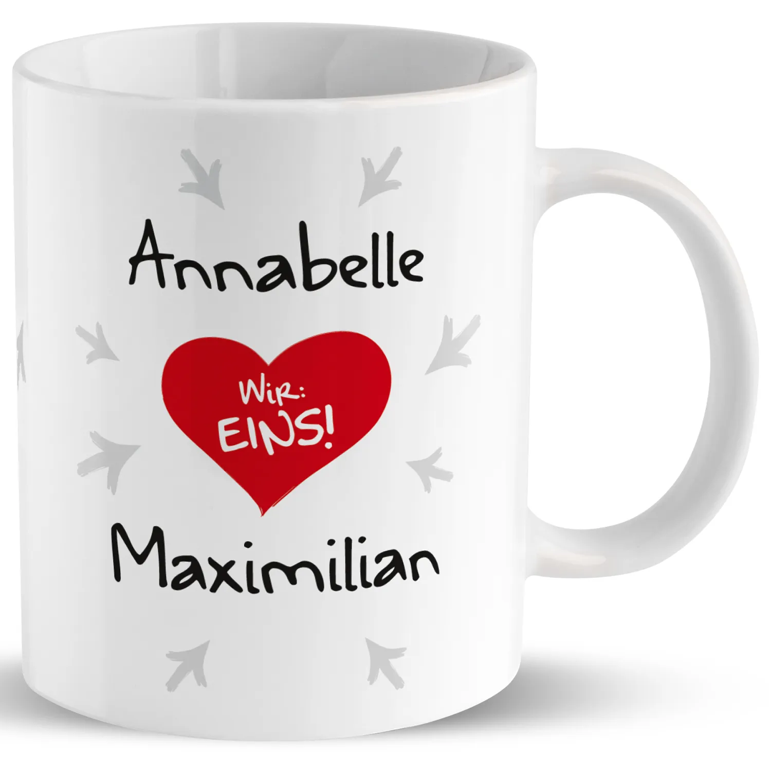 Tasse für Paare »Ich: Deins! Du: Meins! Wir: EINS!« mit Namen des Paares, weiß, personalisiert