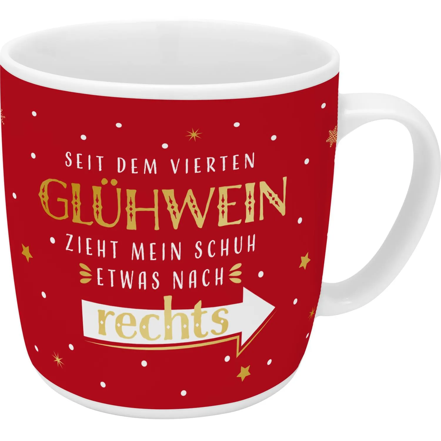 Rote Porzellantasse mit Glühwein-Spruch und Pfeil rechts