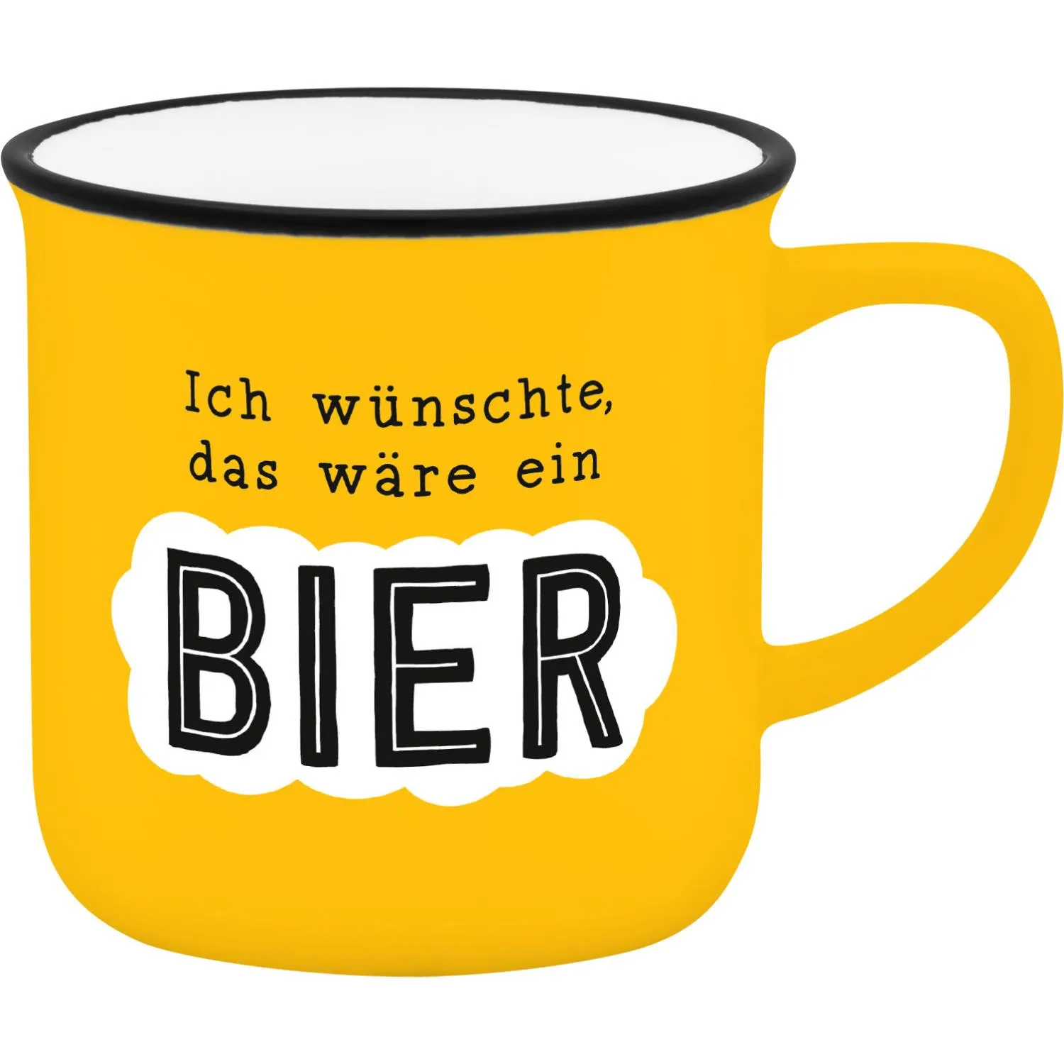 Gelber Espressobecher mit schwarzem Rand und dem Spruch 'Ich wünsche, das wäre ein BIER'.