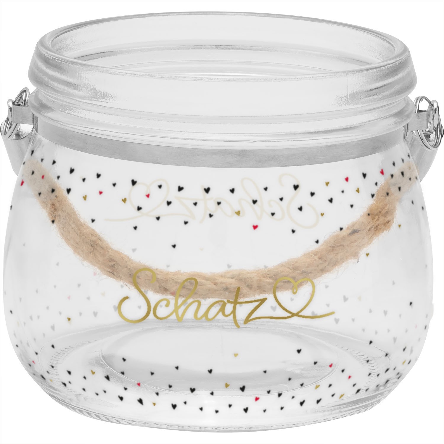 Glaswindlicht »Schatz« mit Garn-Henkel und Herzchen-Dekor, goldener Schrift.