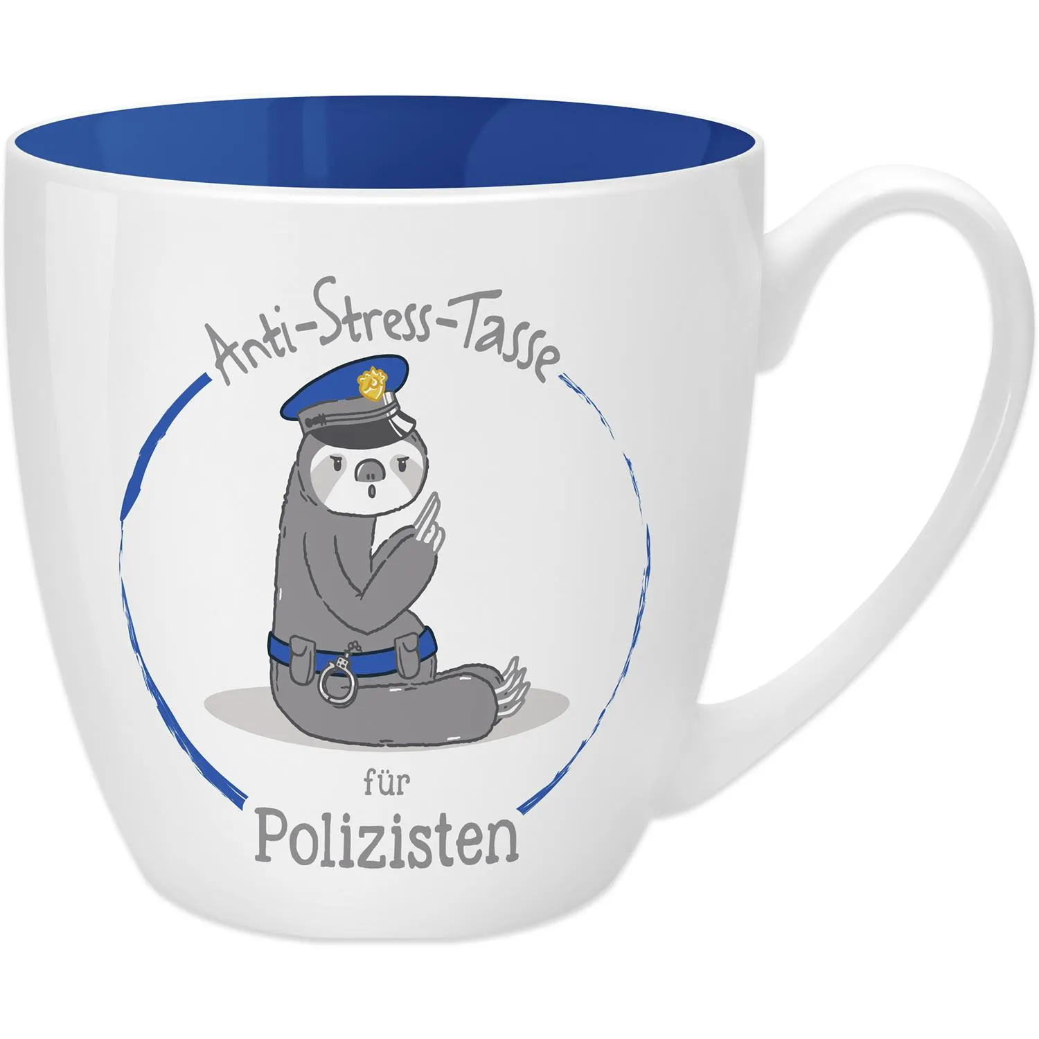 Weiße Porzellankaffeetasse mit Polizei-Otter-Motiv und blauem Innenraum
