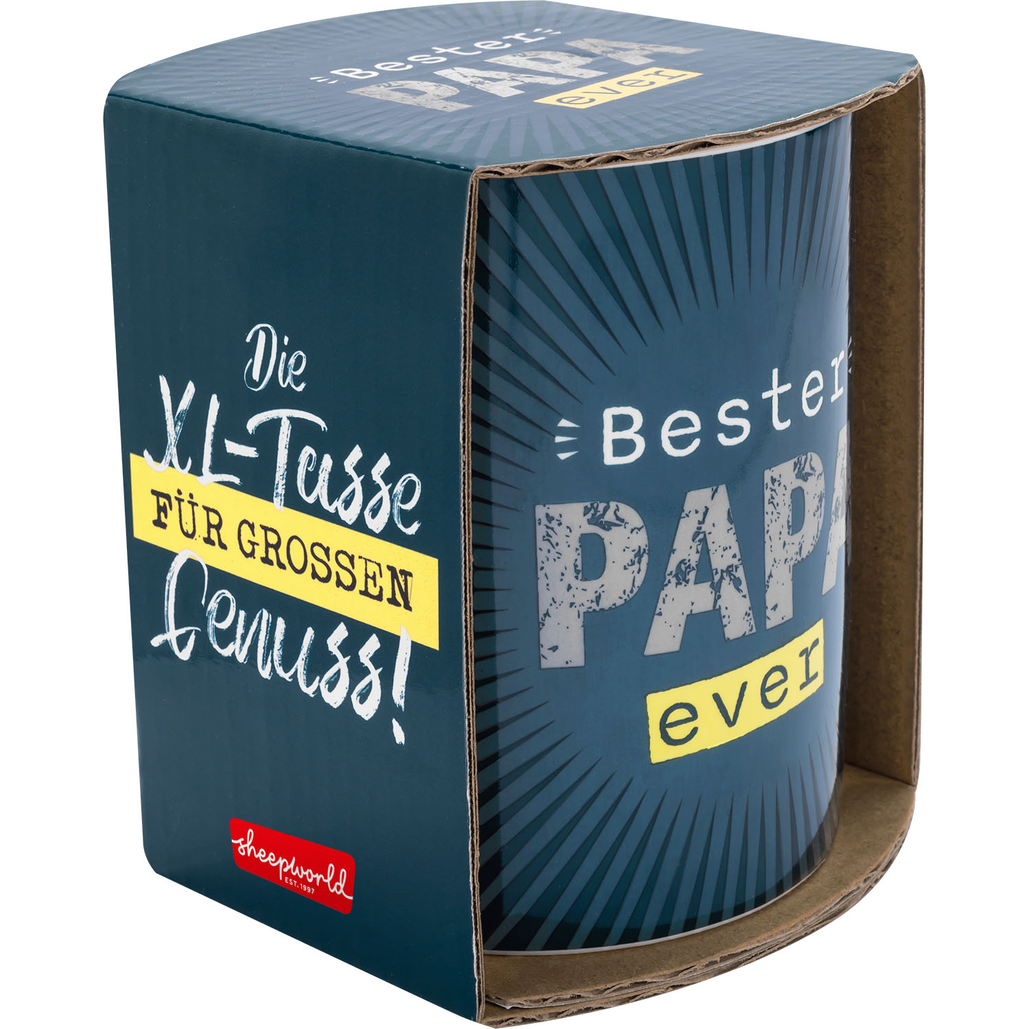 XL-Tasse mit Spruch Bester Papa ever in blauem Geschenkbox-Design