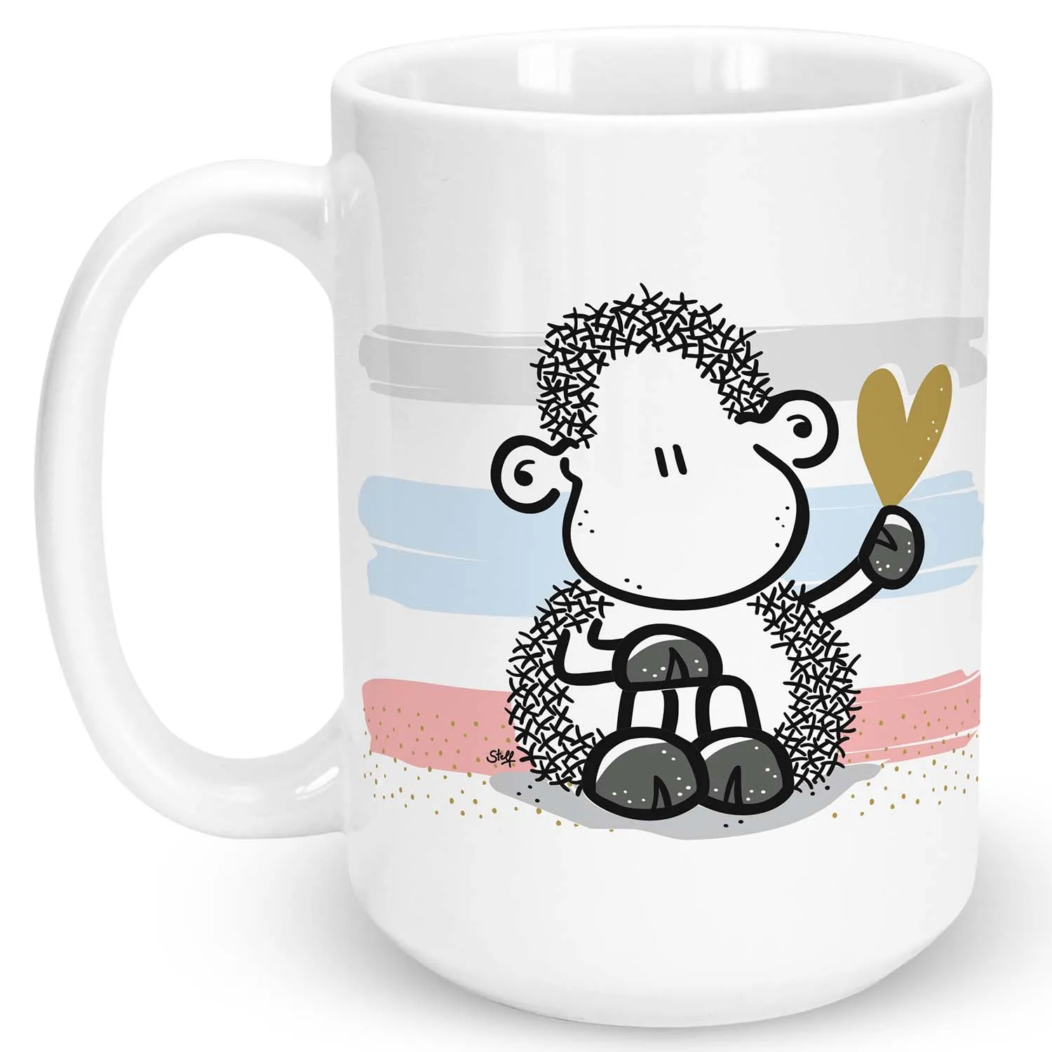 Weiße Keramik-Tasse mit stylisiertem Schaf-Motiv und goldenem Herz – personalisierbar mit Namen.