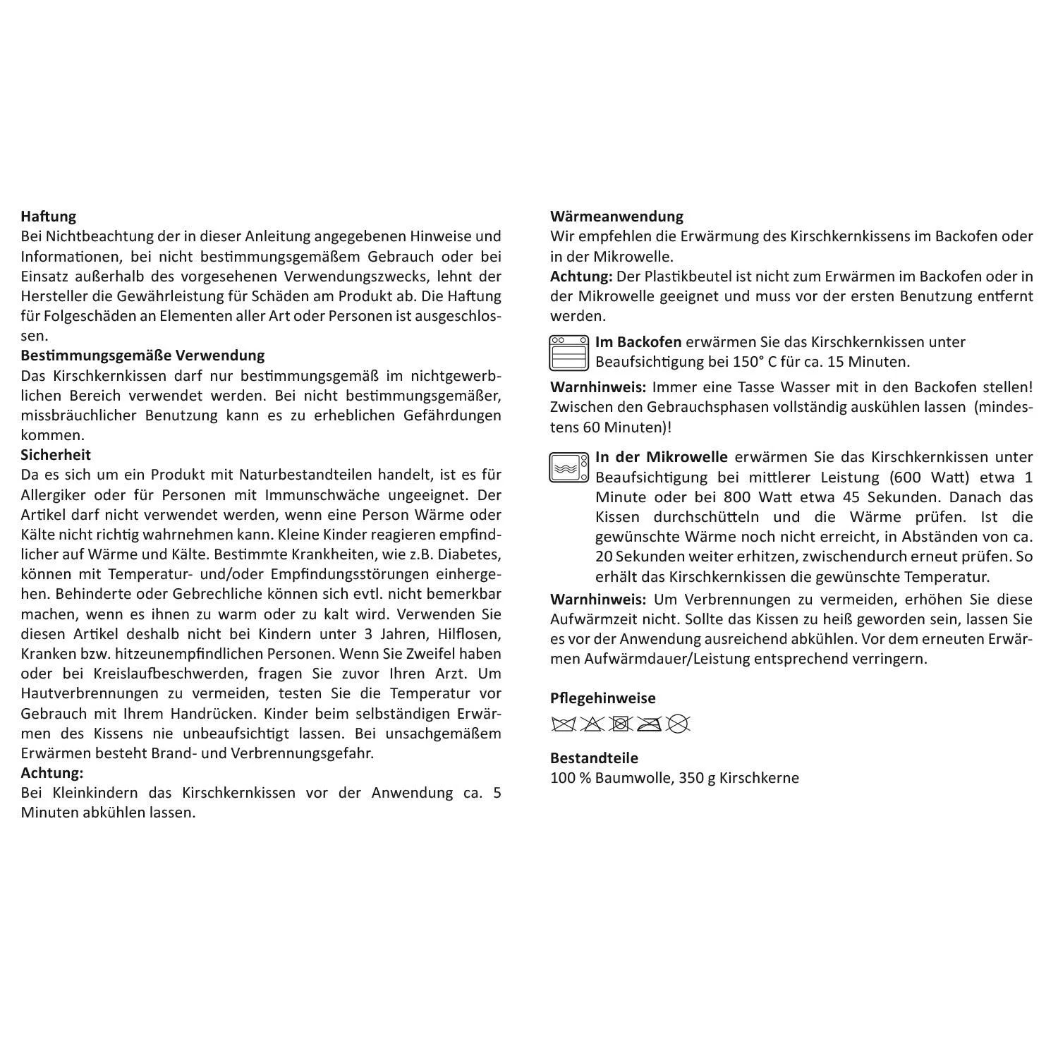 Weißes Textblatt mit Informationen zum Kirschkernkissen und Muttertags-Geschenk.