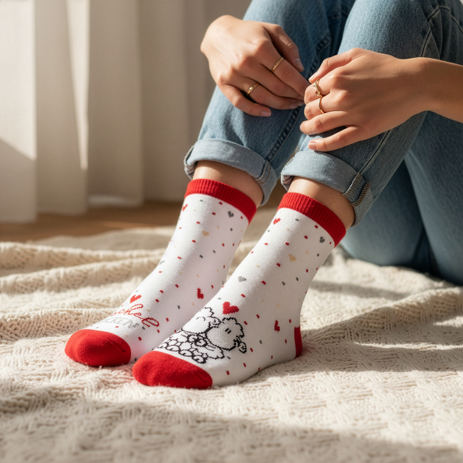 Weiße Kuschelsöckchen mit rotem Rand, Herzen und Schaf-Motiv – perfektes Valentinstags-Geschenk.