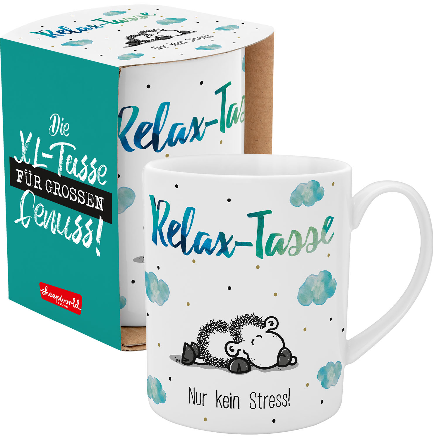 Weiße Porzellantasse Relax-Tasse mit schlafendem Schäfchen und Wolken