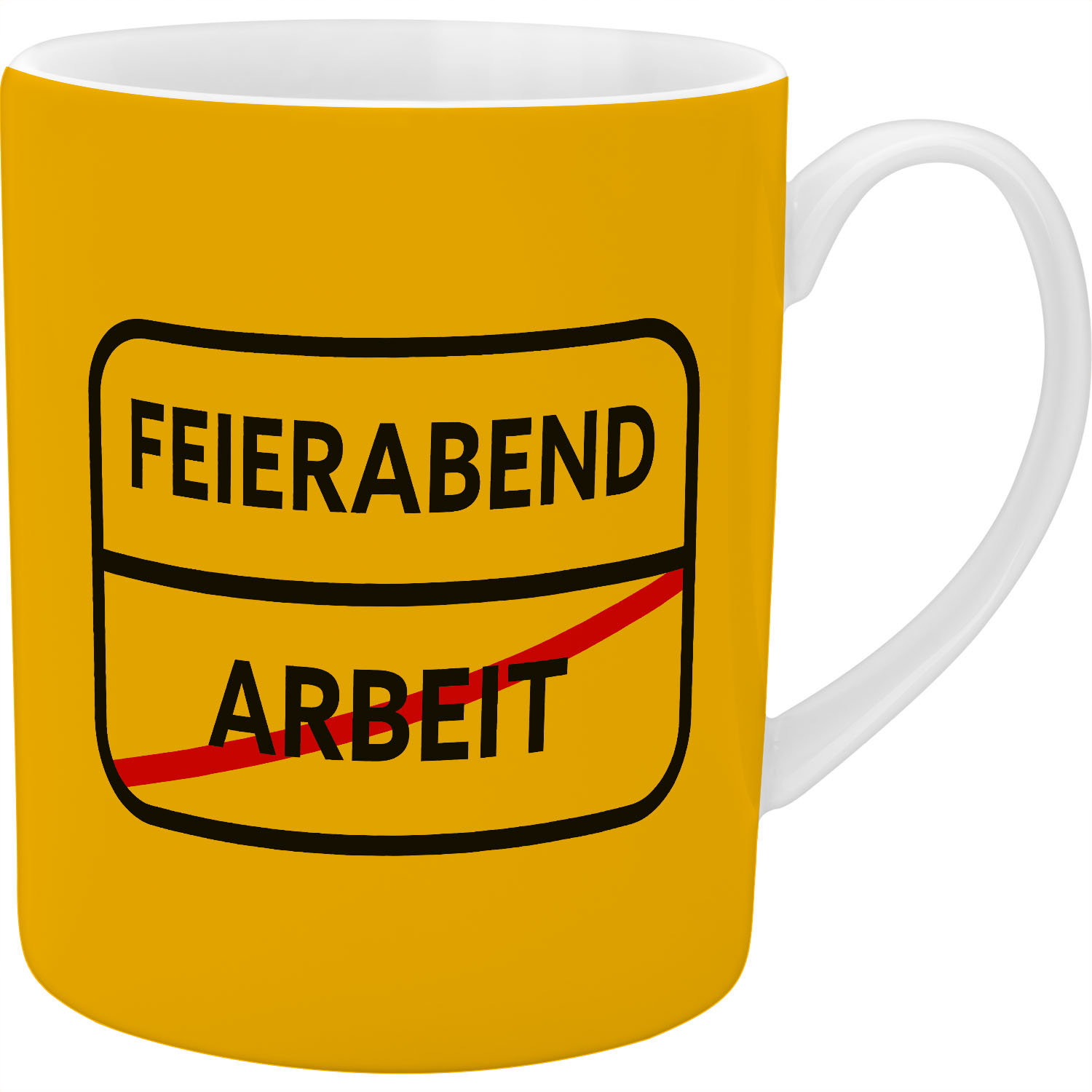 Gelbe XL-Tasse mit schwarzem Schriftzug FEIERABEND ARBEIT über roter Linie