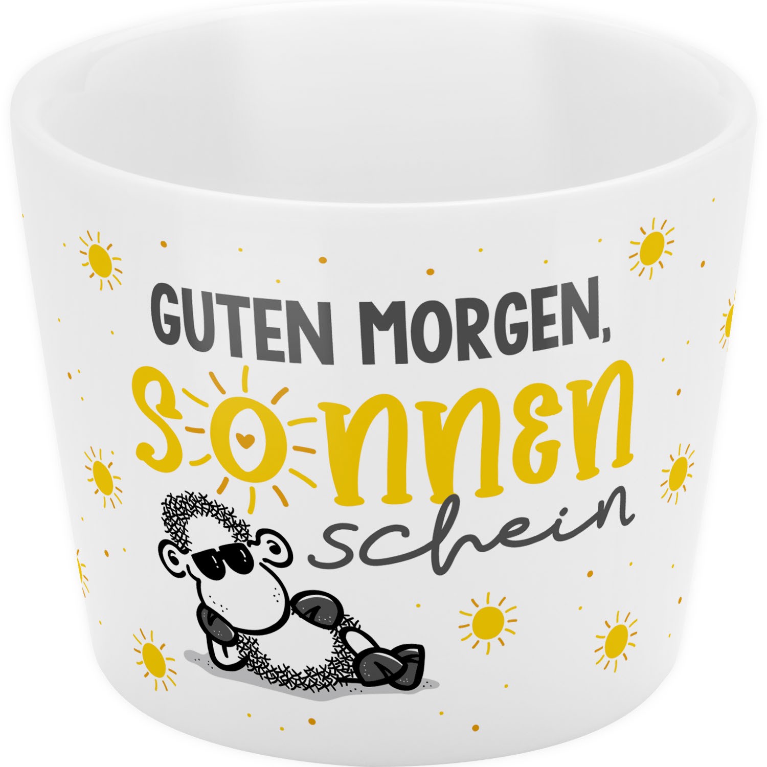 Weißer Porzellan-Eierbecher mit Schäfchen- und Sonnenmotiv und sonnigem Gruß.