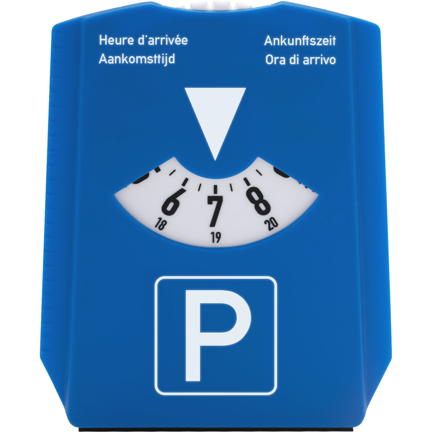 Blaue Parkscheibe aus Kunststoff mit P-Symbol und Uhrskala