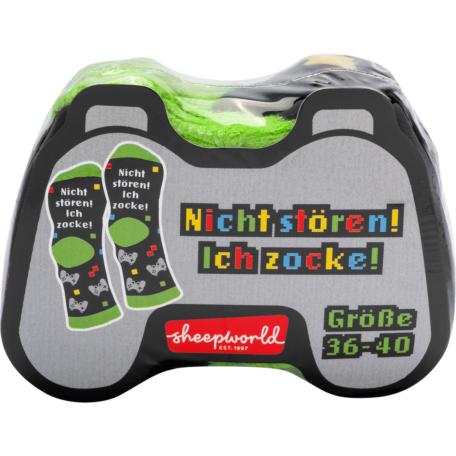 Graues Kissen mit Gaming-Motiv 'Nicht stören! Ich zocke!' und Sheepworld-Logo