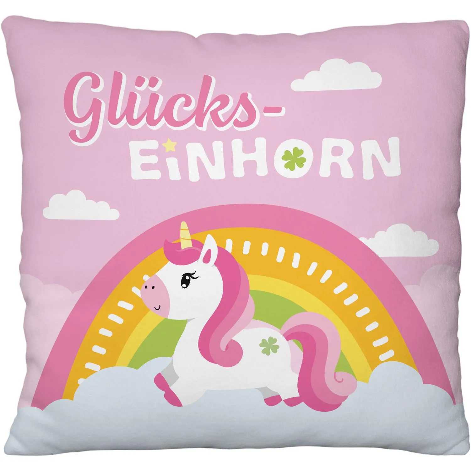 Kuscheliges Plüschkissen mit Einhorn-Motiv und Regenbogen auf rosa Hintergrund, 25 x 25 cm