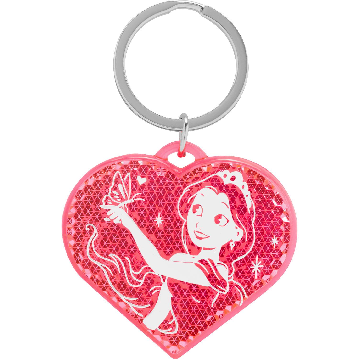 Rosa Herzreflektor mit Prinzessin-Motiv, inkl. Schlüsselring, aus Kunststoff/Metall/Papier.