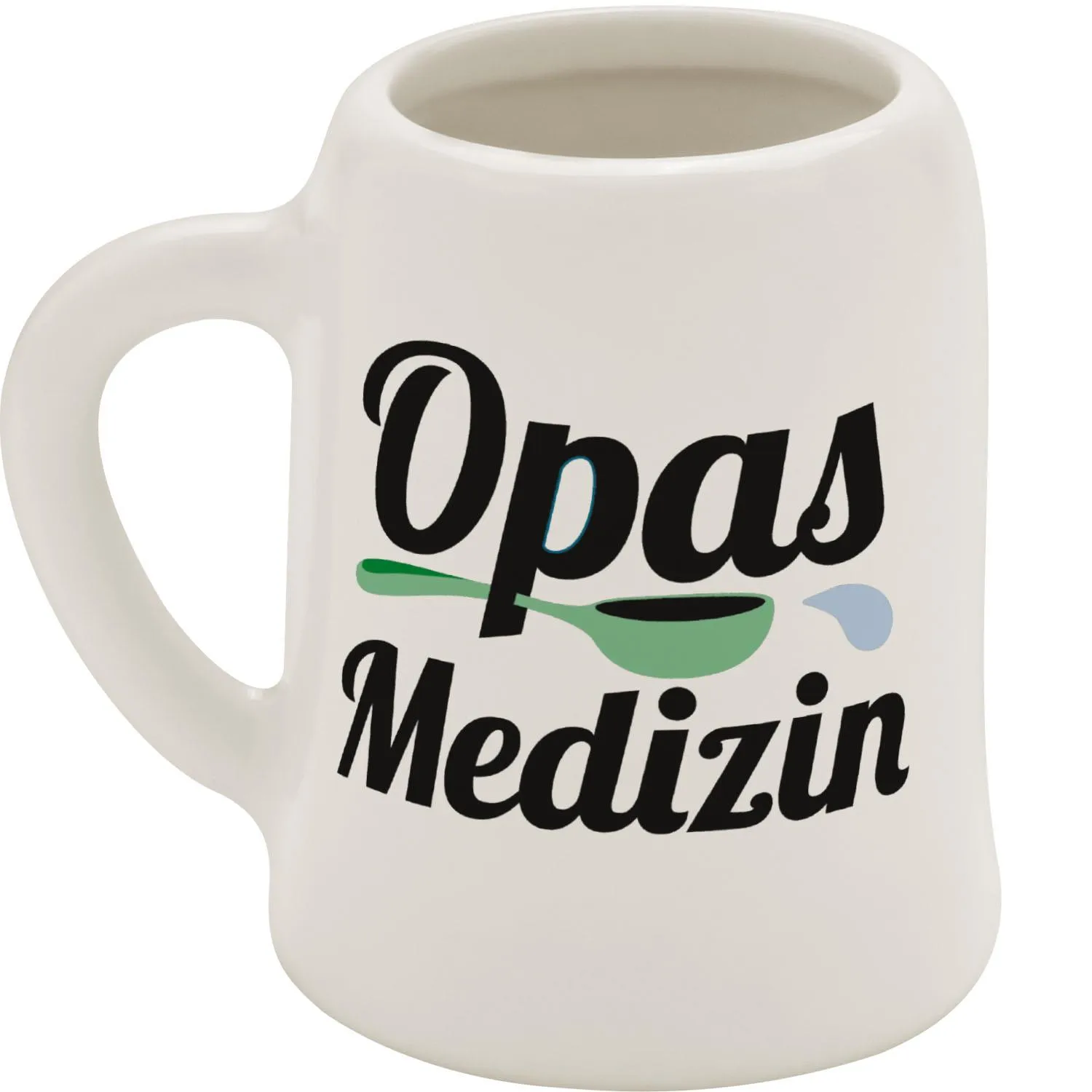 Weißer Porzellan-Schnapskrug mit Opas Medizin-Aufdruck und grünem Löffelmotiv.