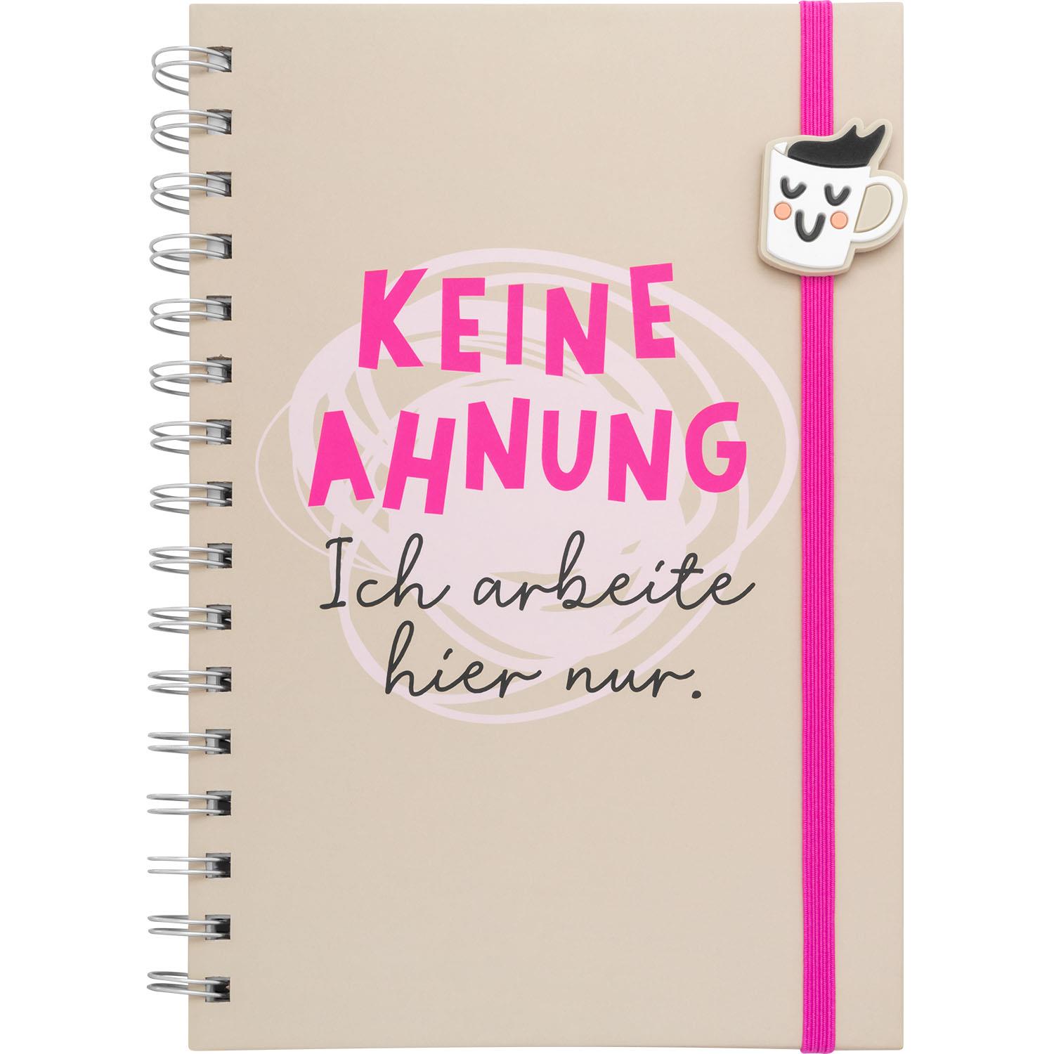 Notizbuch A5 mit beigem Umschlag, Neonpink-Schriftzug 'Keine Ahnung', Spiralbindung und pinkem Gummiband.