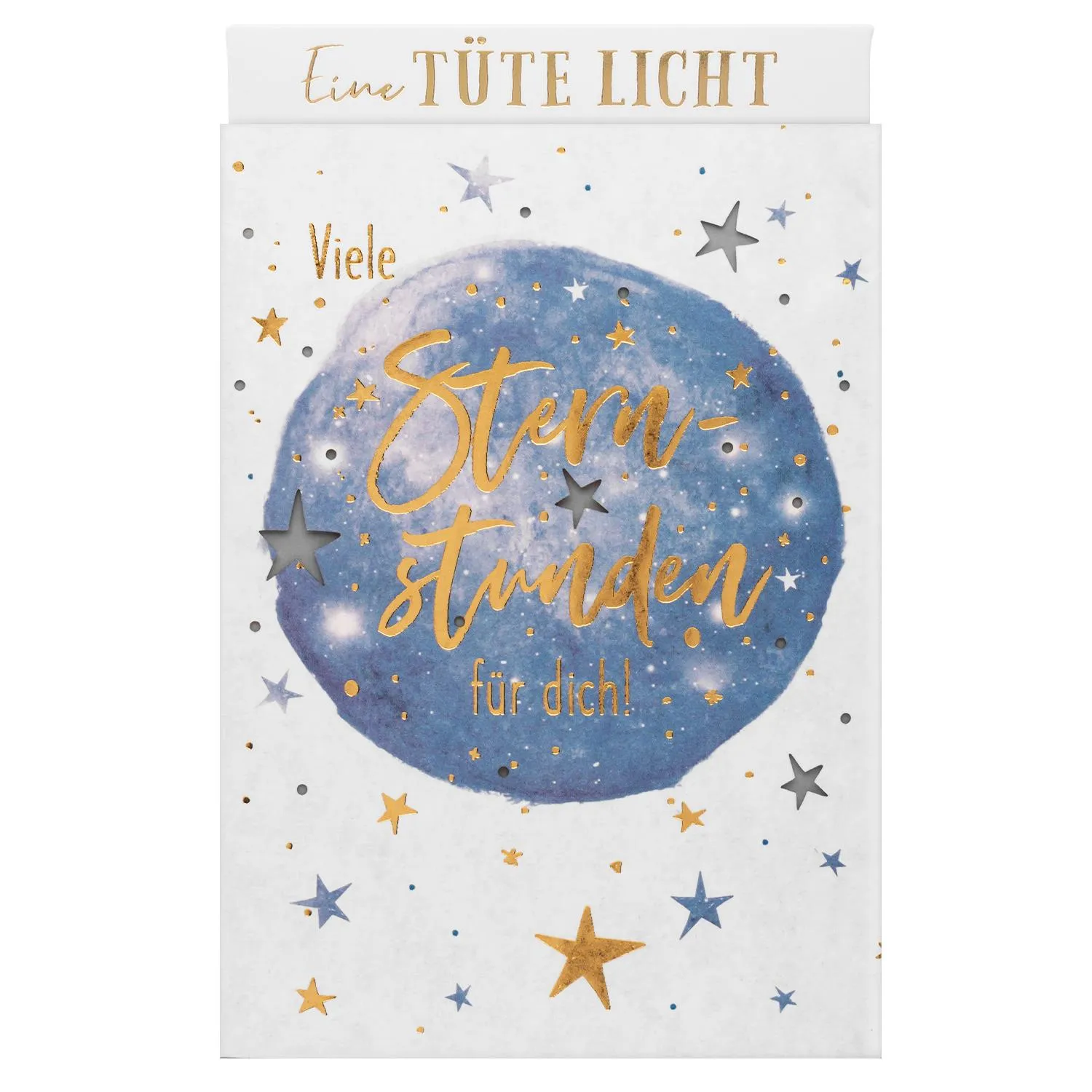 Lichttüte mit Sternenhimmel-Motiv in Blau, Golddruck und Ausstanzungen, inkl. Teelicht