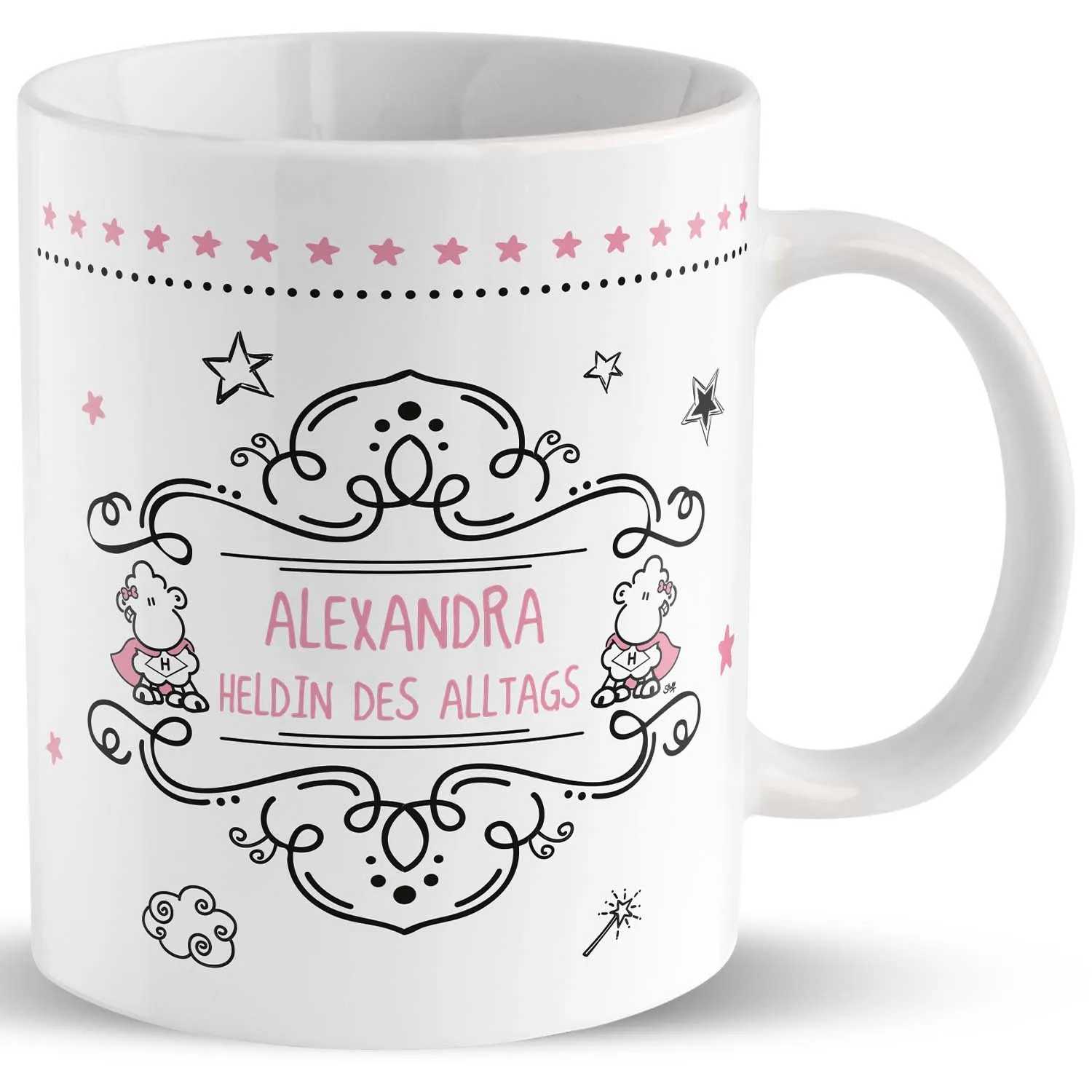 Personalisierte Porzellantasse mit Namen Alexandra und Schaf-Motiv in Pastell