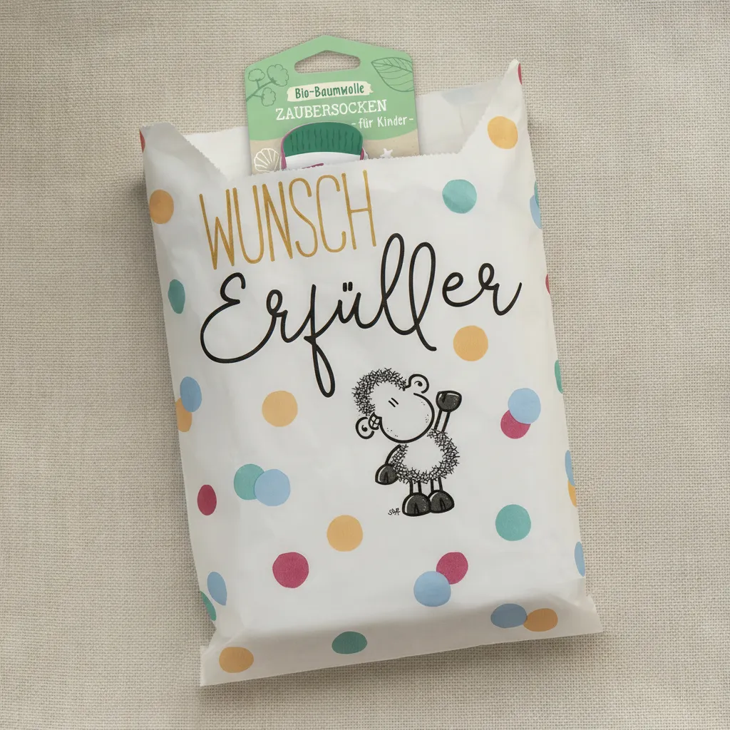 Weiße Geschenkebeutel mit Schäfchen-Motiv und bunten Pastellpunkten.