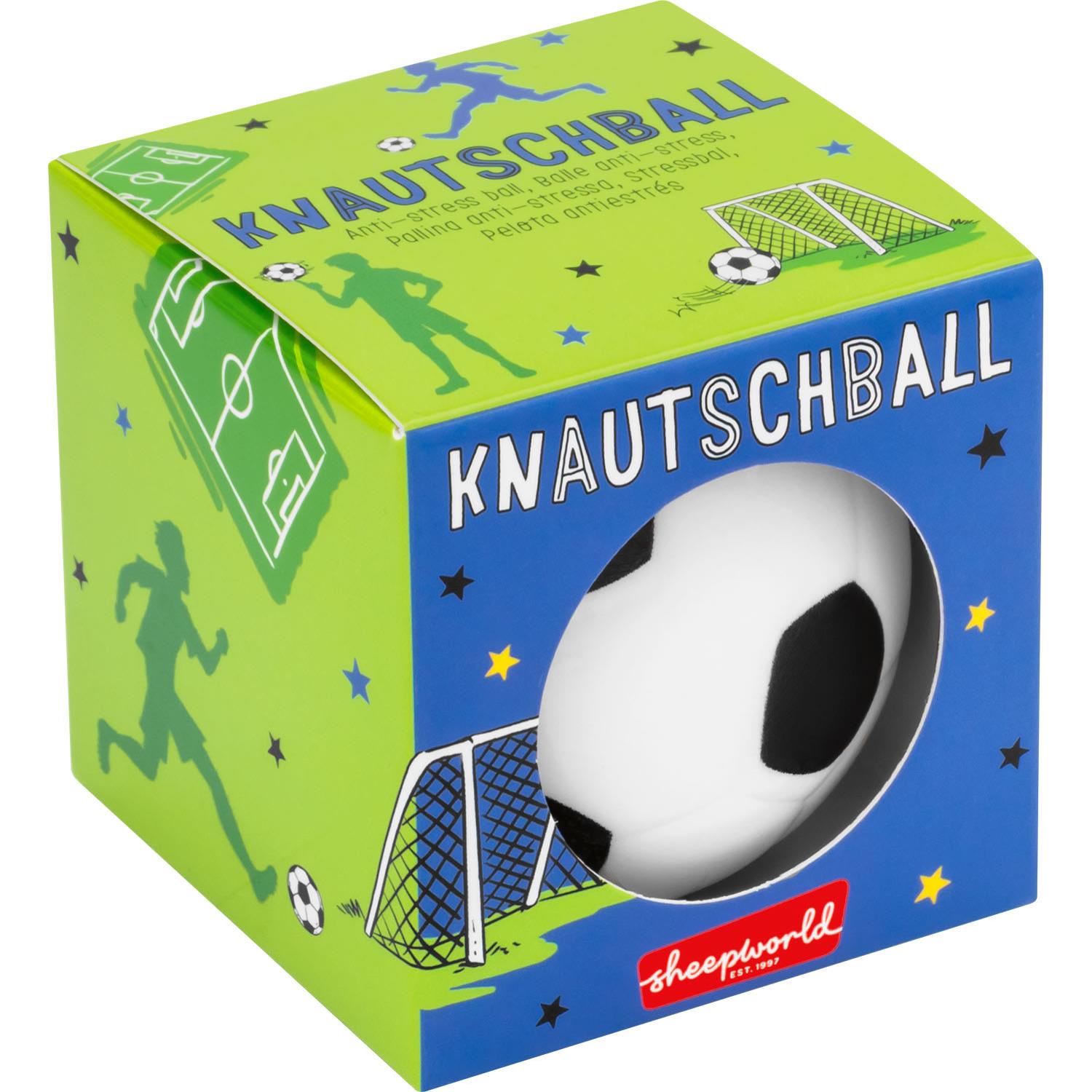 Knautschball in Fußballform in Geschenkbox, buntes Verpackungsdesign