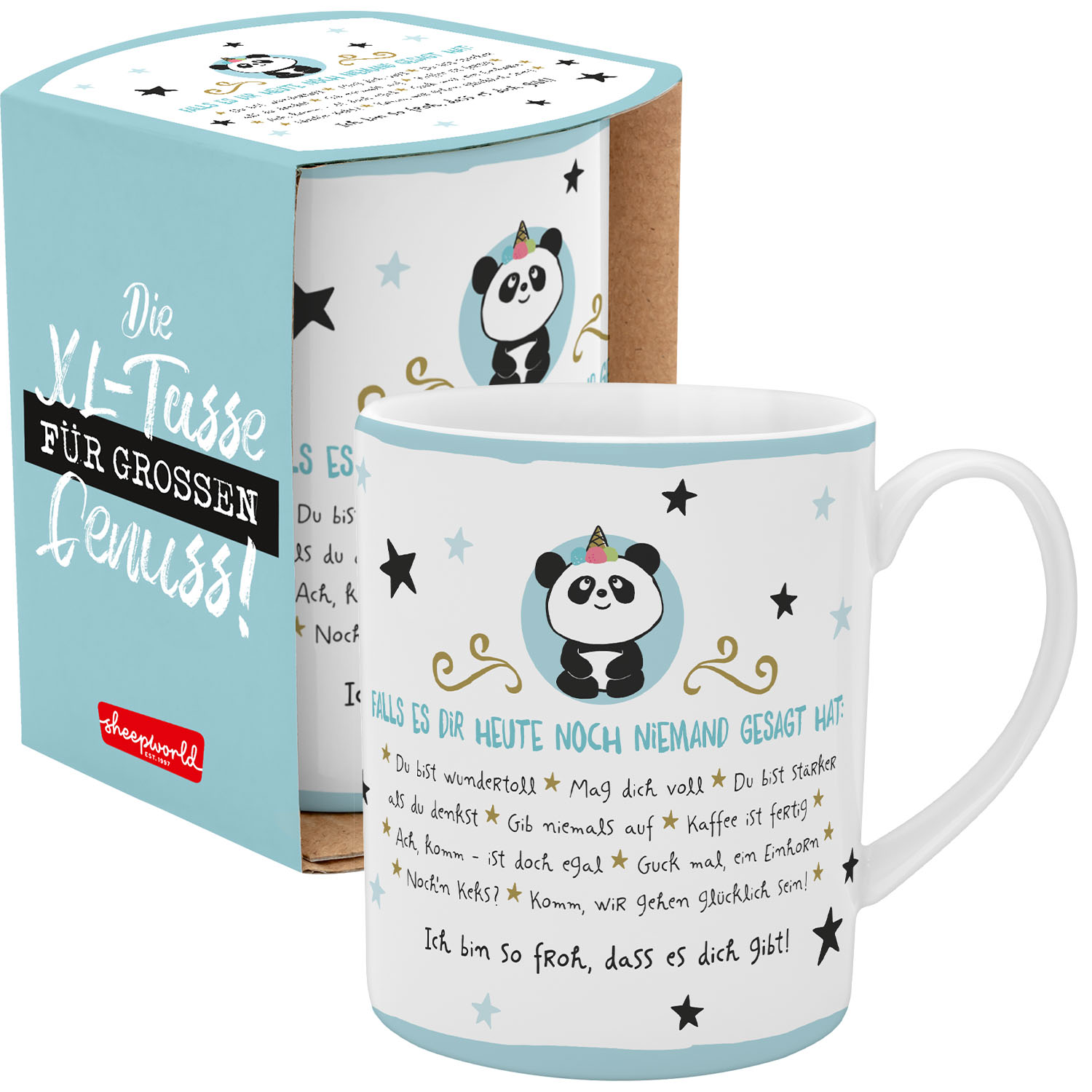 XL-Tasse mit Panda-Motiv und Unicorn-Horn, 60 cl, Geschenkbanderol
