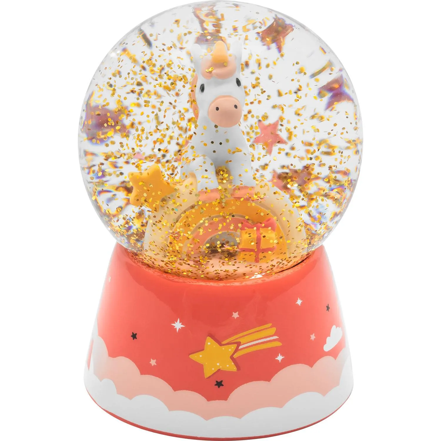 Schneekugel »Einhorn« auf pinkem Sockel mit Goldglitzer im Glas
