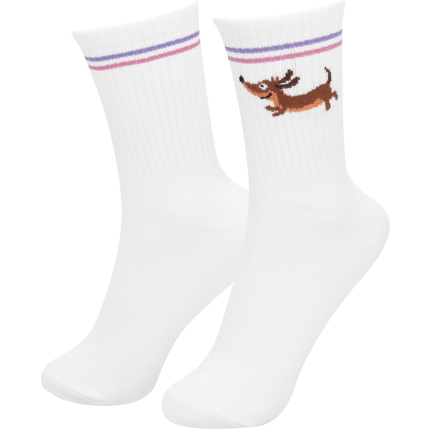 Weiße Socken mit Dackel-Motiv und bunten Bündchenstreifen