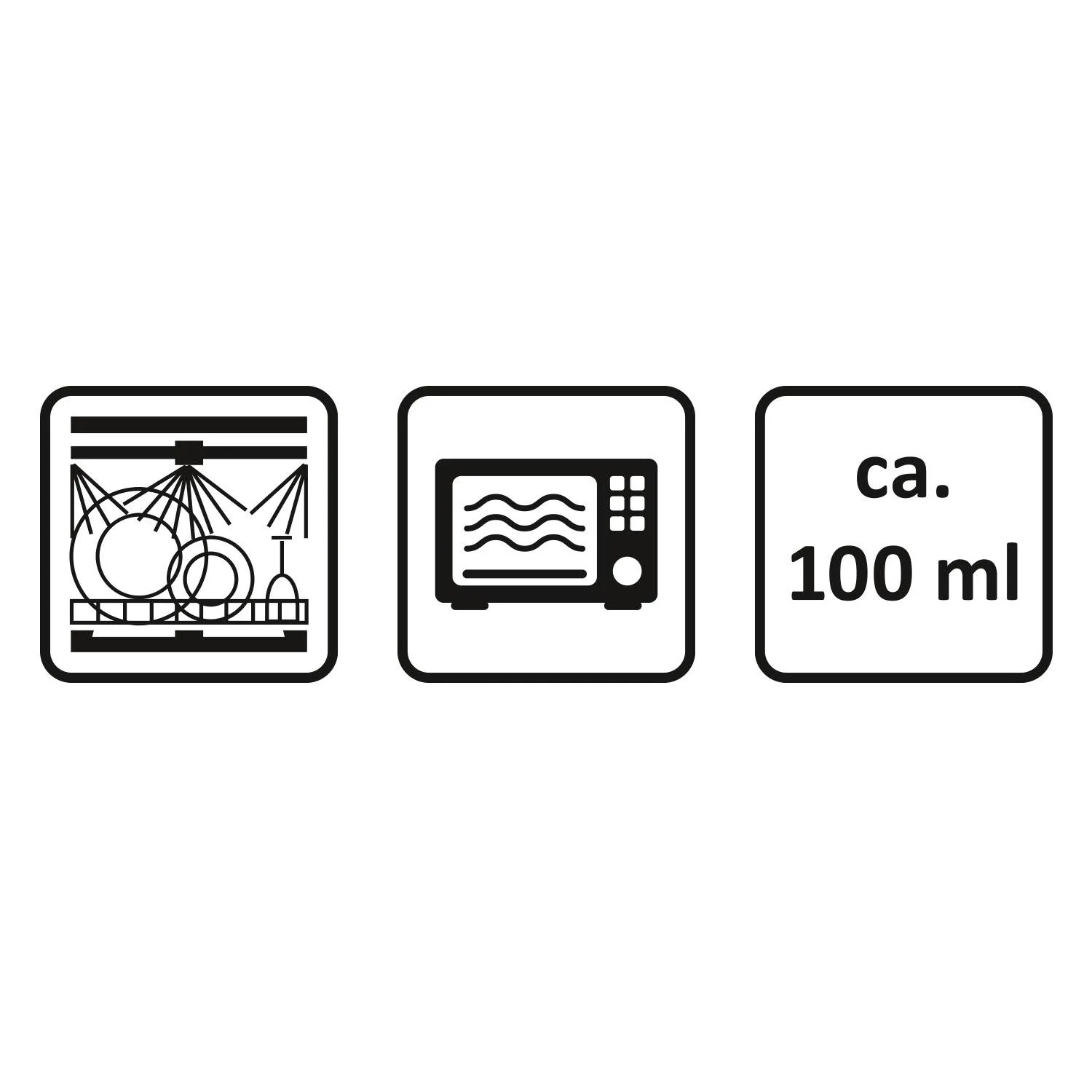 Grafik-Symbole zeigen Spülmaschinen- und Mikrowellensicherheit sowie 100 ml Fassungsvermögen