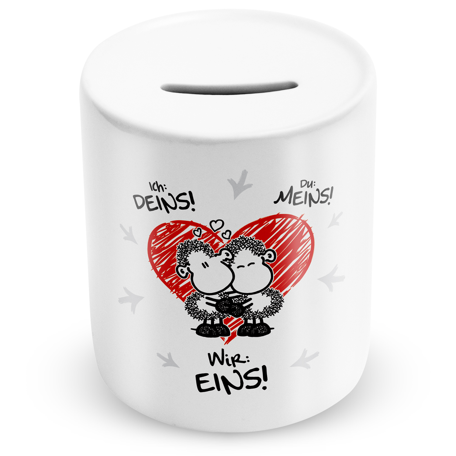 Weiße Keramik-Spardose für Paare mit zwei Schäfchen vor rotem Herz