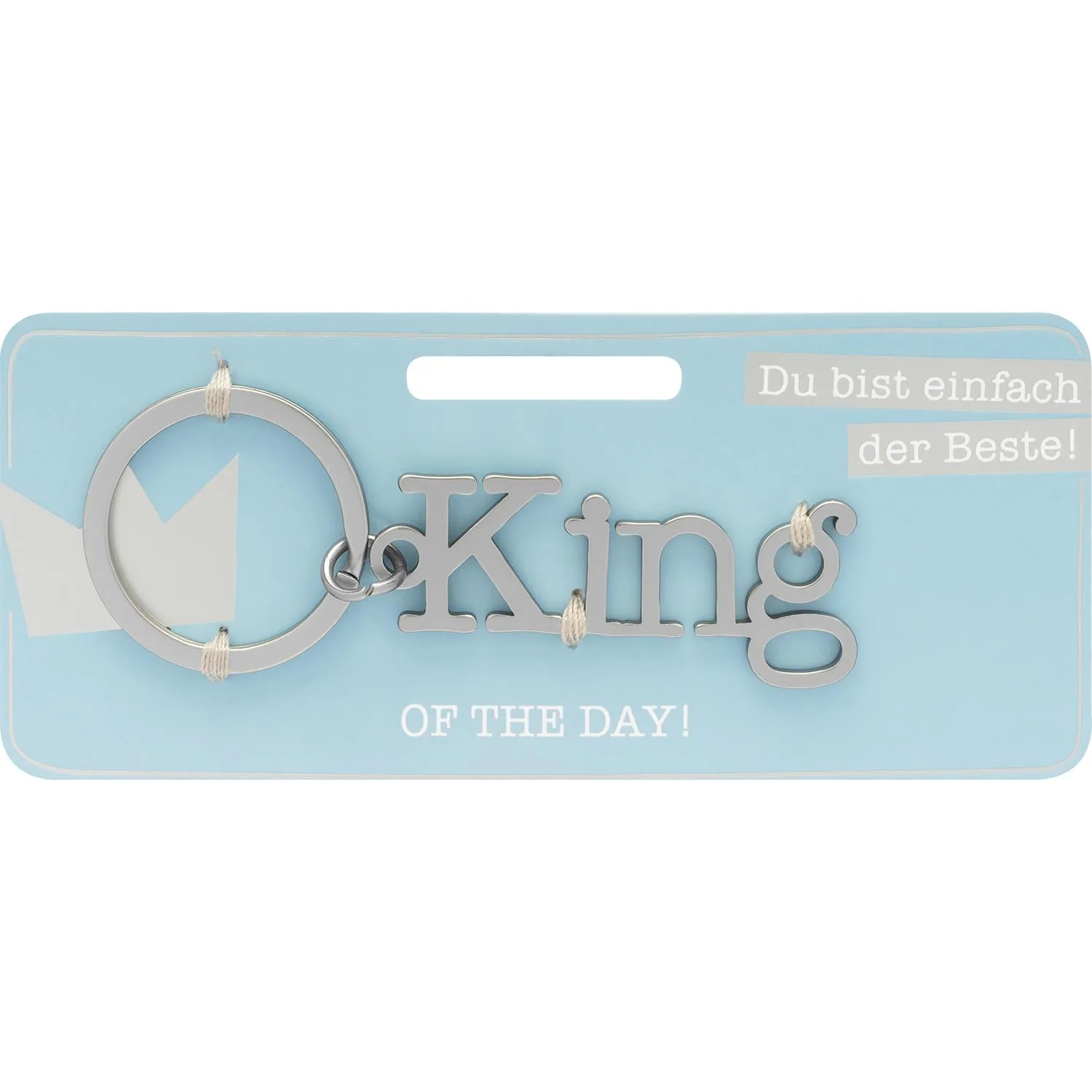 Schlüsselanhänger aus Edelstahl mit Schriftzug King am Ring, Verpackung hellblau.
