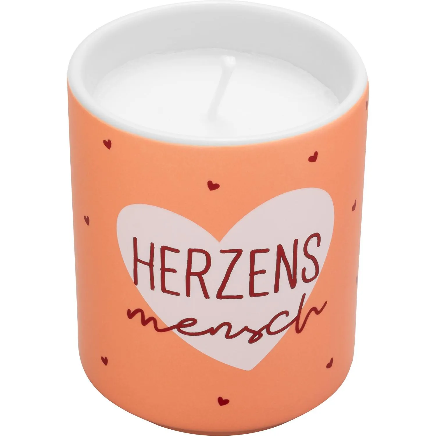 Duftkerze in orangefarbenem Porzellanhalter mit Herzmotiv und Aufschrift 'Herzensmensch', Vanilleduft.