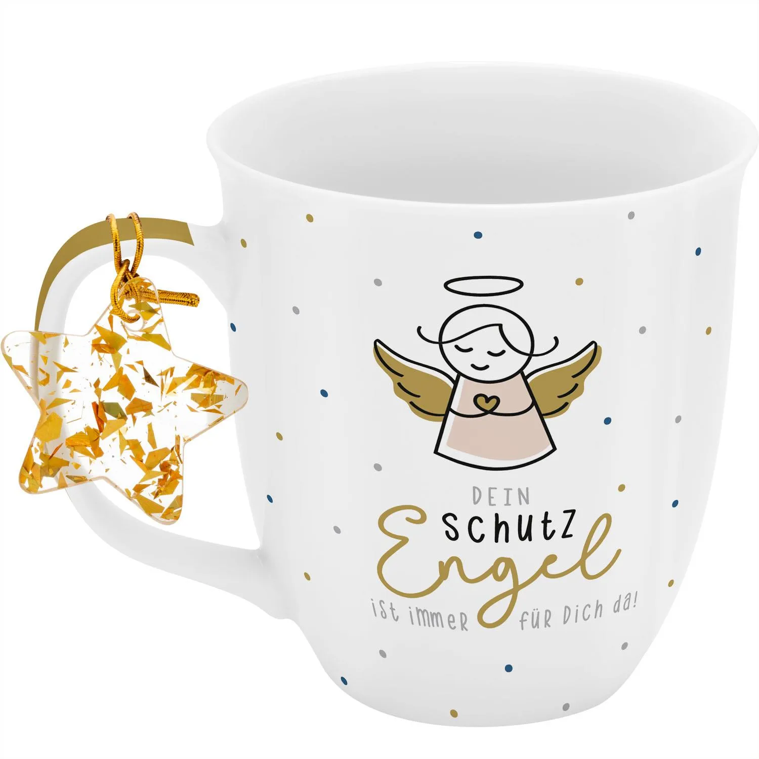 Weiße Porzellantasse mit Engel-Motiv und goldenem Sternanhänger am Griff