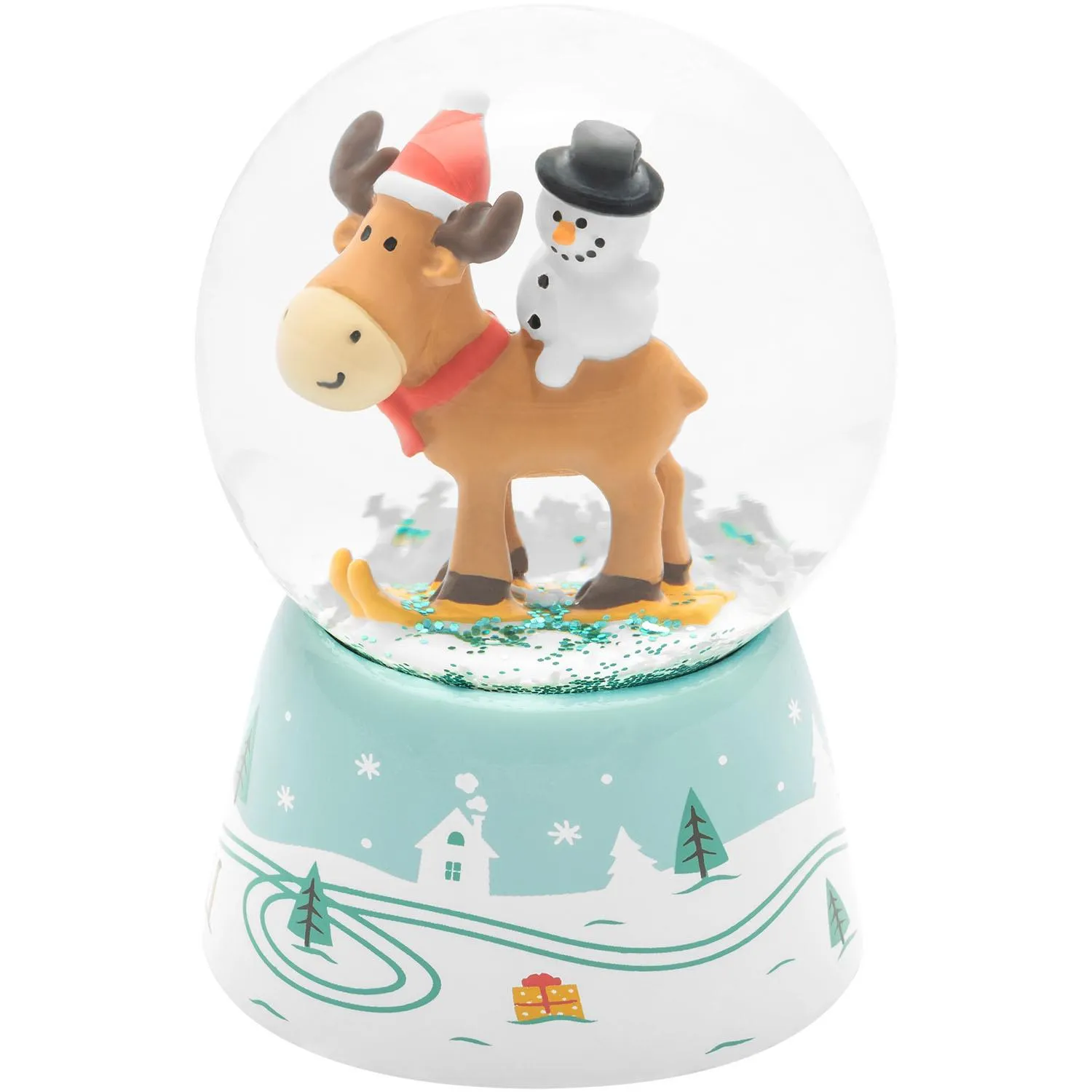 Schneekugel »Elch« mit Schneemann auf pastelblauer Basis, Glitzer-Schnee in Kugel.