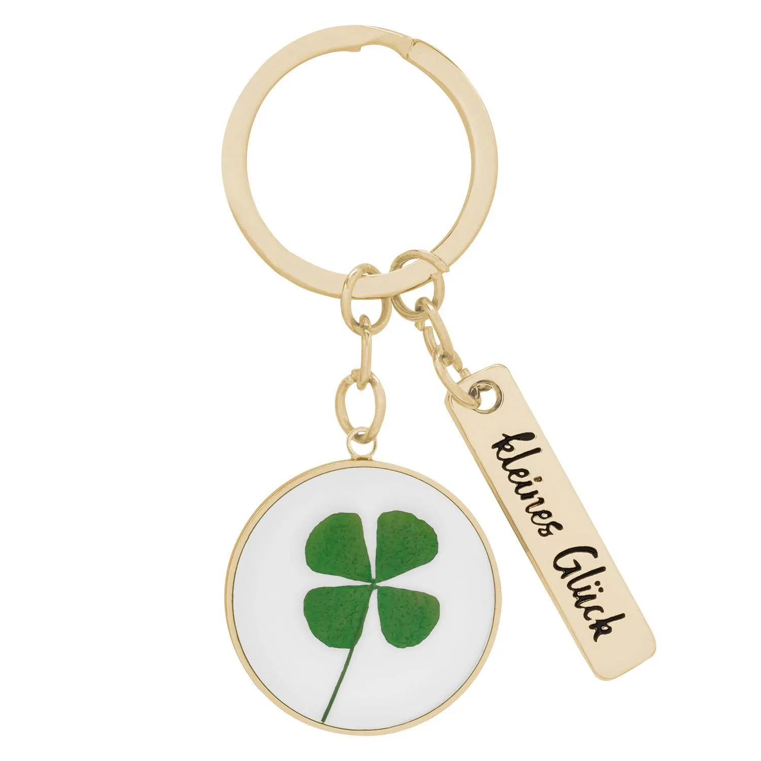 Schlüsselanhänger mit rundem, weißen Hintergrund und grünem Kleeblatt; goldenes Schild 'kleines Glück'
