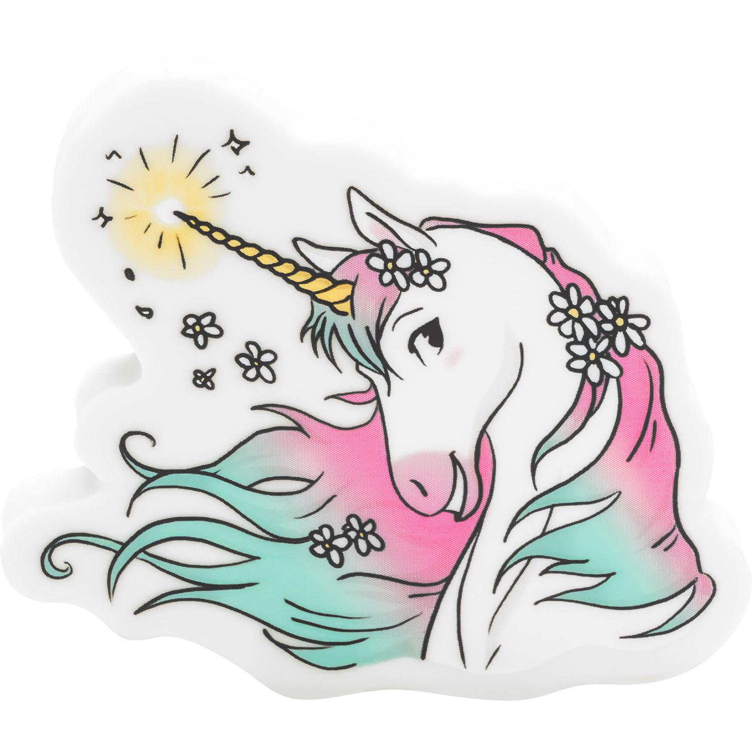 Pastellfarbener Einhorn-Radiergummi mit Blumenkranz, 4,5 × 5,5 cm, auf Headercard.