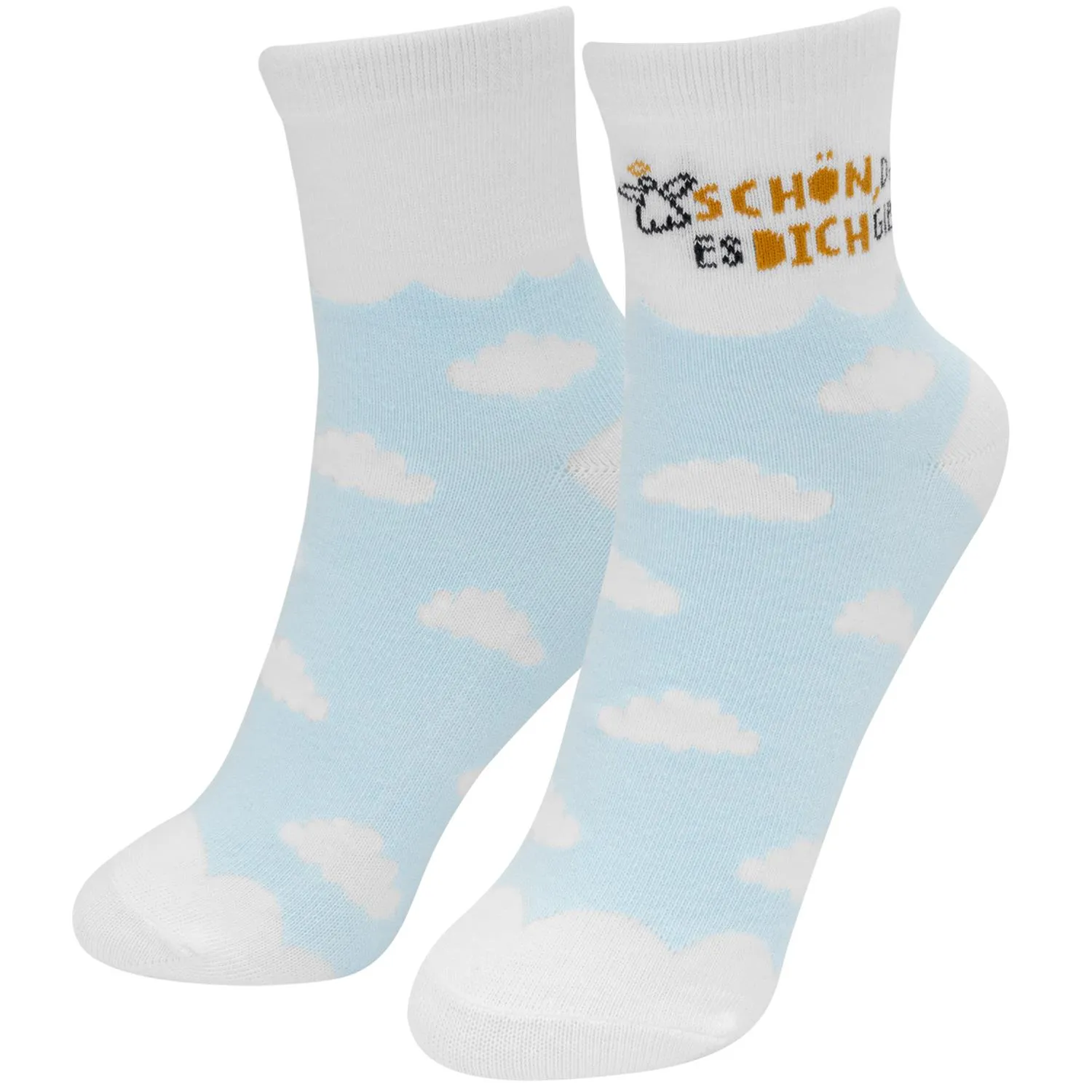 Paar Zaubersocken mit Himmelblau-Wolkenmuster und Schriftzug am Bündchen