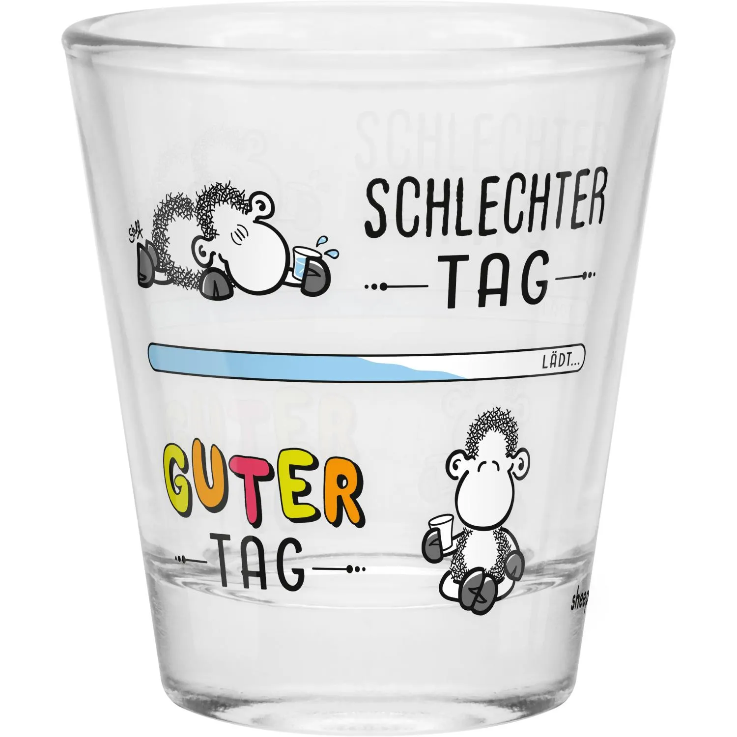 Schnapsglas mit Schäfchen-Motiv und buntem GUTER TAG-Schriftzug