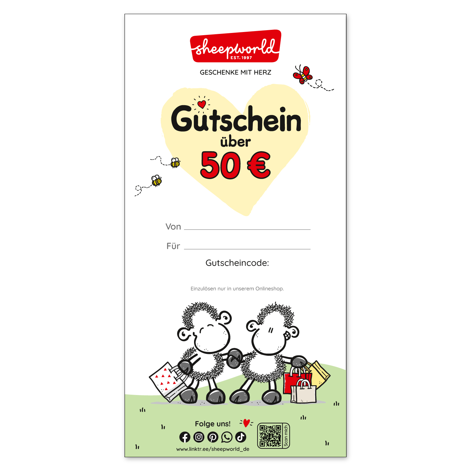 Gutschein über 50 € mit gelbem Herz und Schäfchen-Motiven