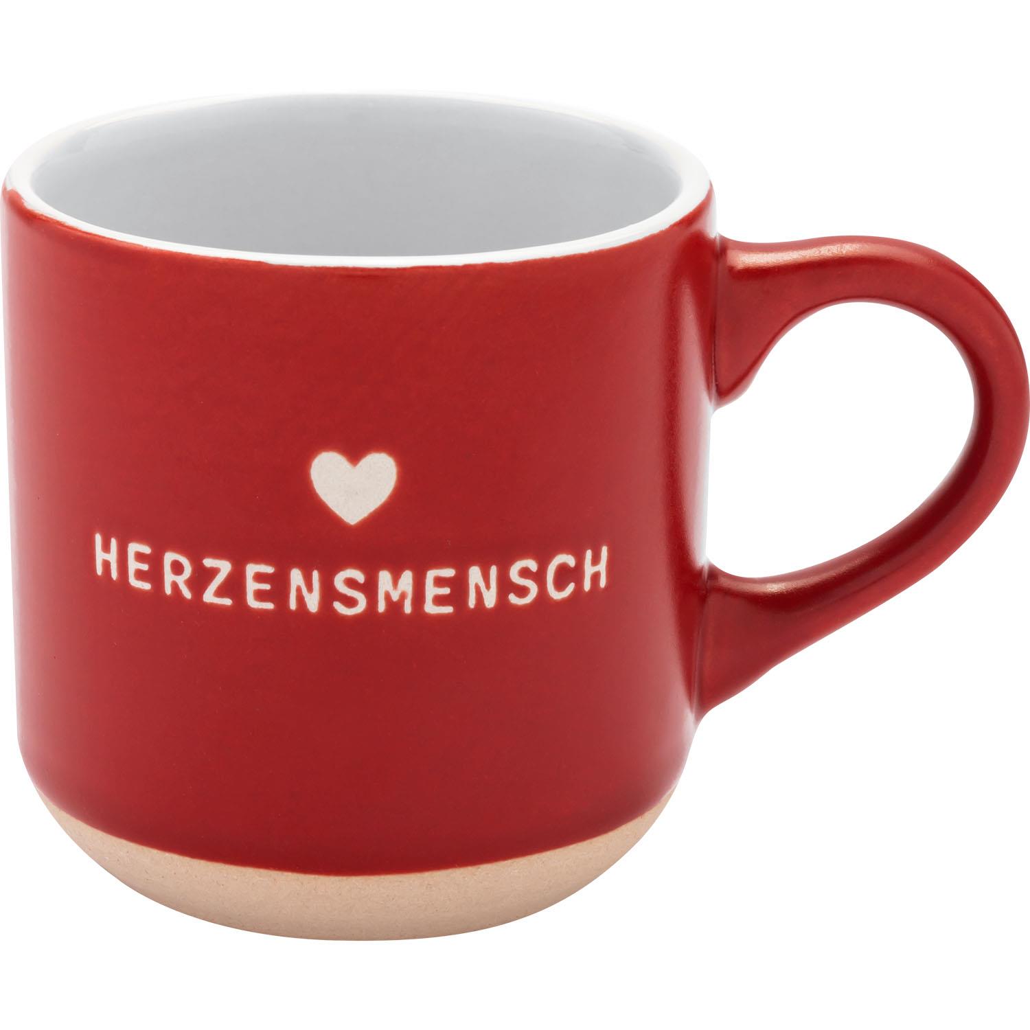 Rote Espressotasse 'Herzensmensch' mit weißem Herz und Schriftzug