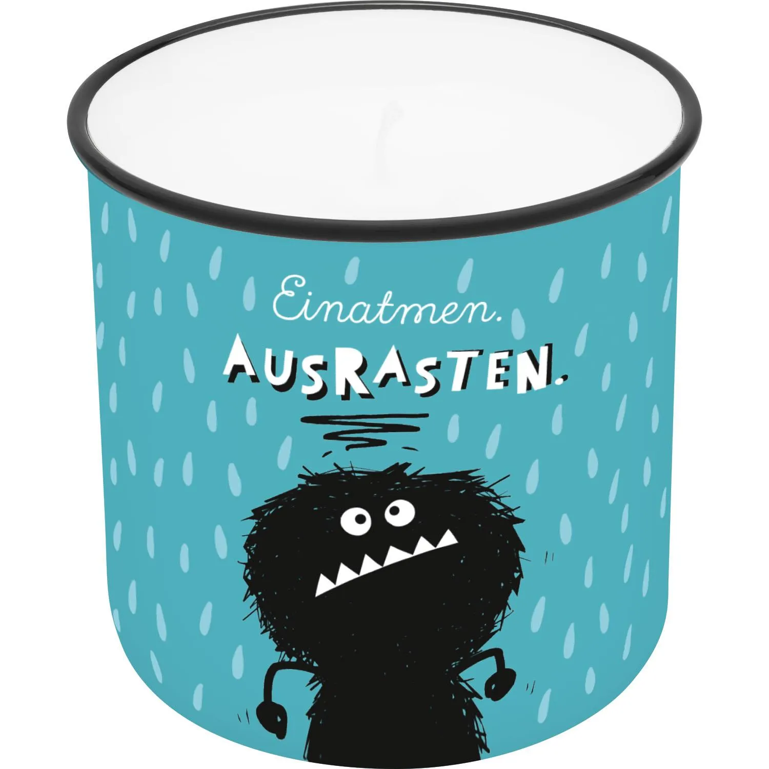 Türkisfarbener Kerzen-Becher mit schwarzer Monsterfigur und weißem Innenraum.